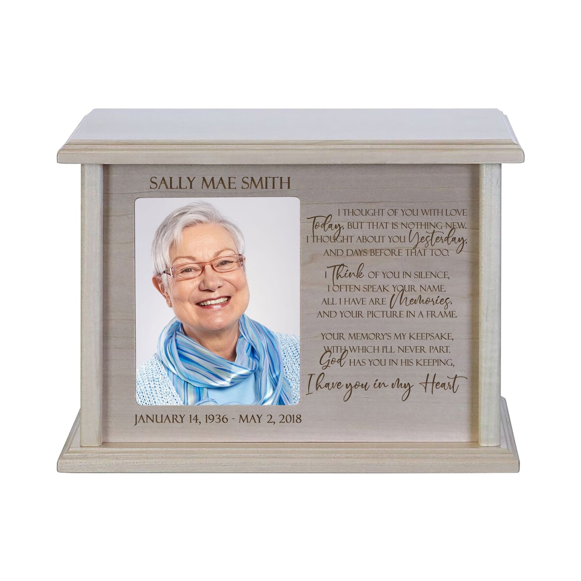 Custom Engraved Cherry Wood Urn Box with 4x5 Photo holds 262 cu in of Human Ashes I Thought Of You With Love - LifeSong Milestones