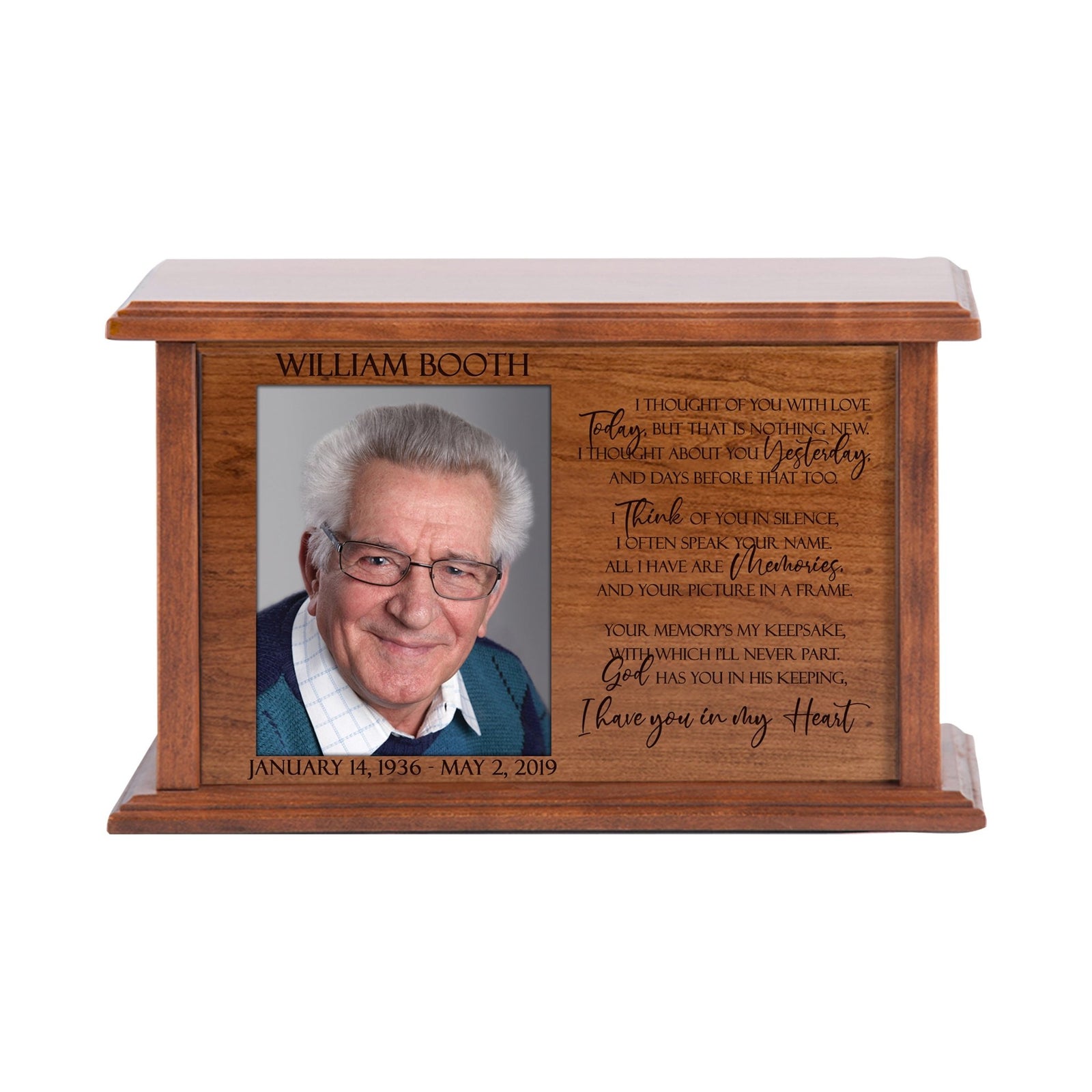 Custom Engraved Cherry Wood Urn Box with 4x5 Photo holds 262 cu in of Human Ashes I Thought Of You With Love - LifeSong Milestones