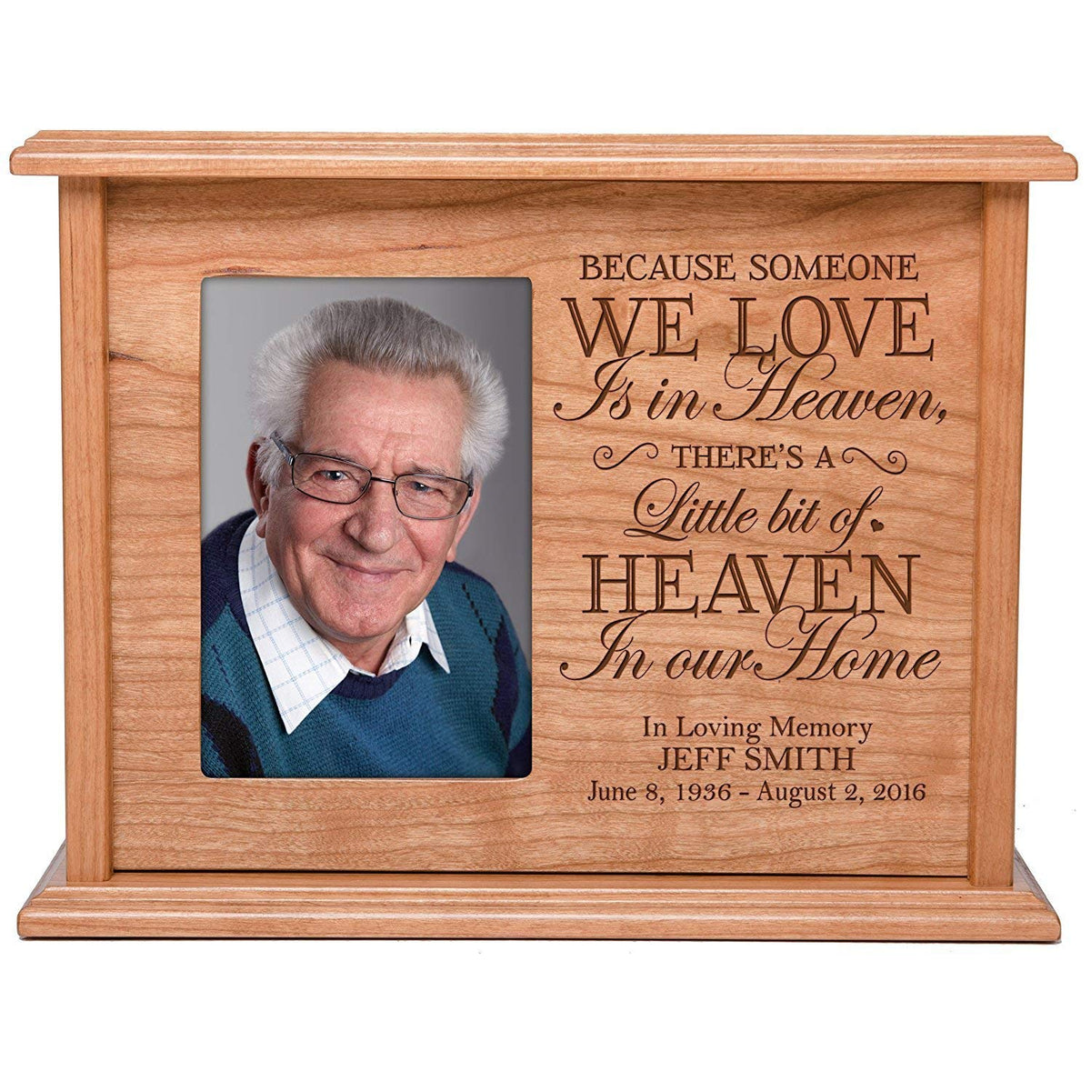 Custom Engraved Cherry Wood Urn Box with 4x6 Photo holds 200 cu in Because Someone We Love - LifeSong Milestones