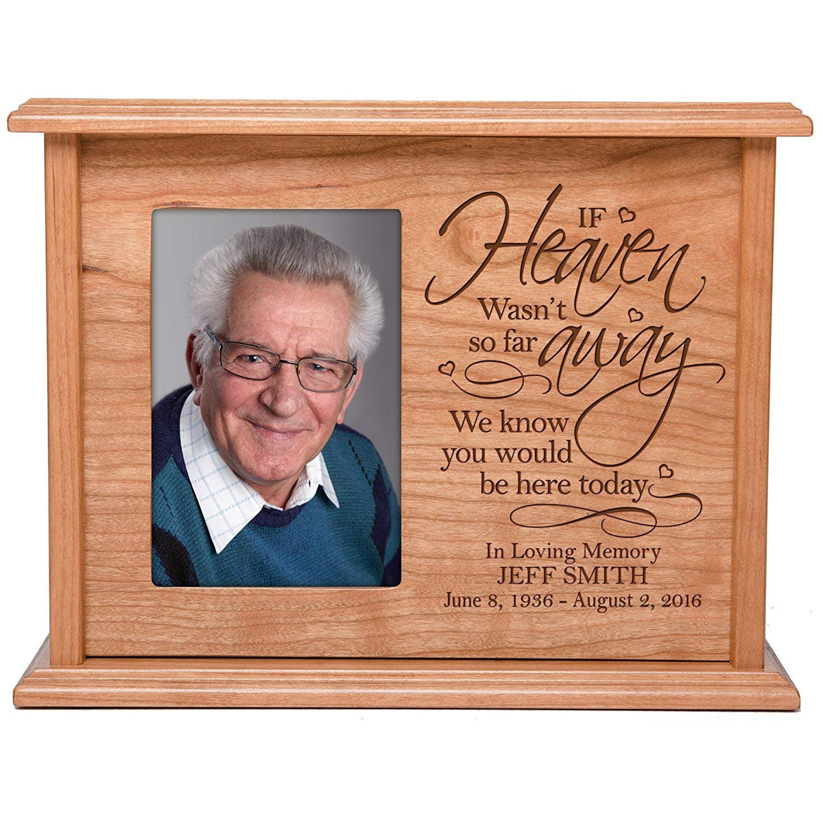 Custom Engraved Cherry Wood Urn Box with 4x6 Photo holds 200 cu in of Human Ashes If Heaven - LifeSong Milestones