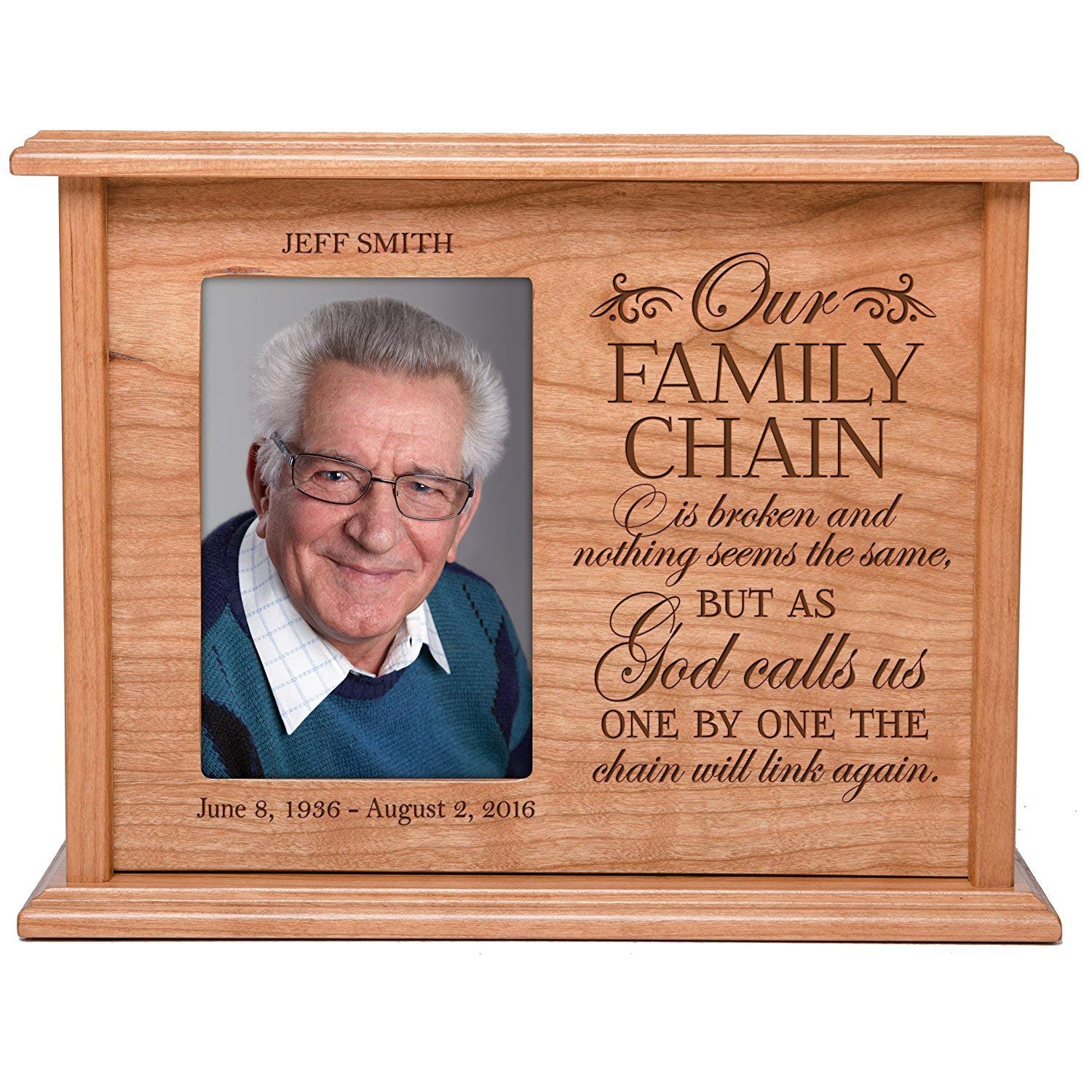 Custom Engraved Cherry Wood Urn Box with 4x6 Photo holds 200 cu in of Human Ashes Our Family Chain - LifeSong Milestones