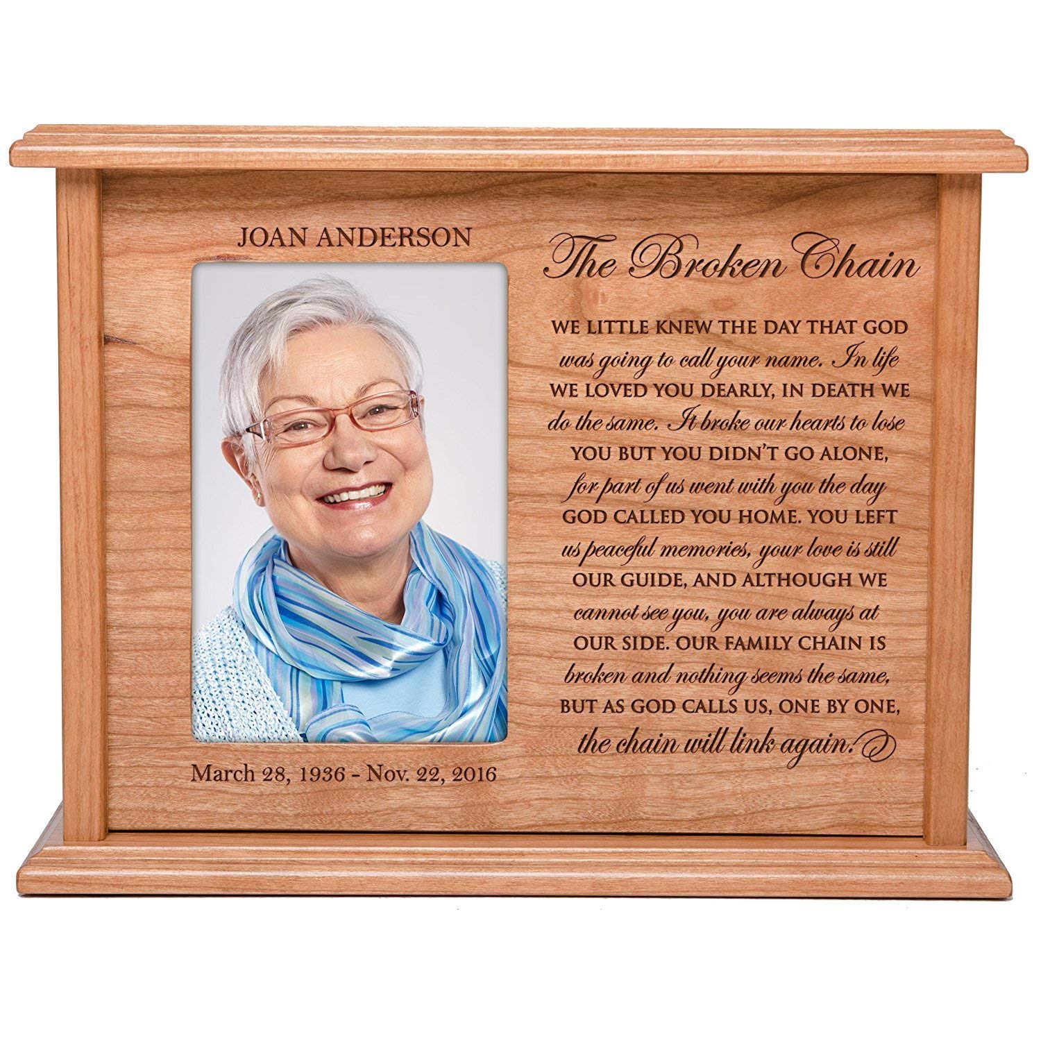 Custom Engraved Cherry Wood Urn Box with 4x6 Photo holds 200 cu in of Human Ashes The Broken Chain - LifeSong Milestones