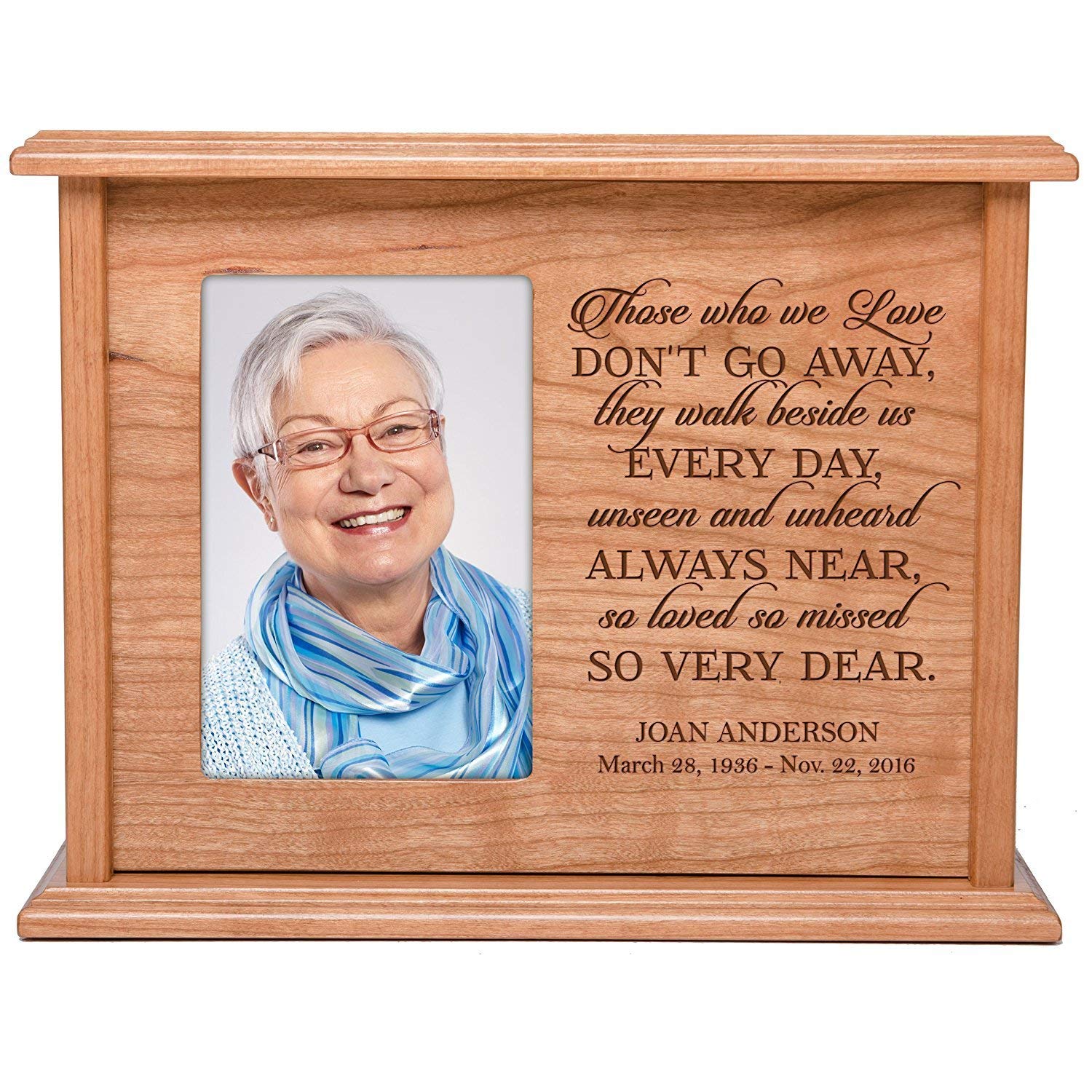 Custom Engraved Cherry Wood Urn Box with 4x6 Photo holds 200cu in of Human Ashes Those Who We Love - LifeSong Milestones