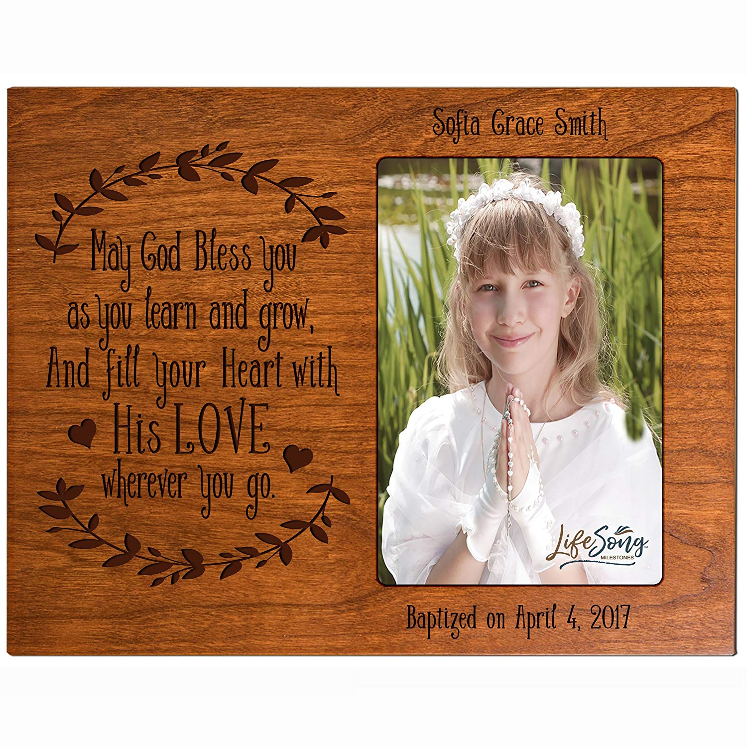 Custom Engraved Horizontal 8x10 Wooden Baptism Photo Frame May Bless You Holds 4x6 Photo - LifeSong Milestones