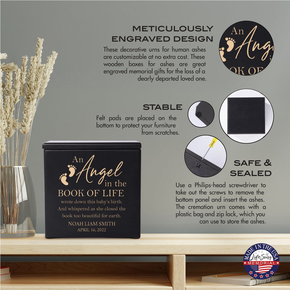 Custom Engraved Keepsake Urn Box for Human Ashes - An Angel In The Book of Life - LifeSong Milestones