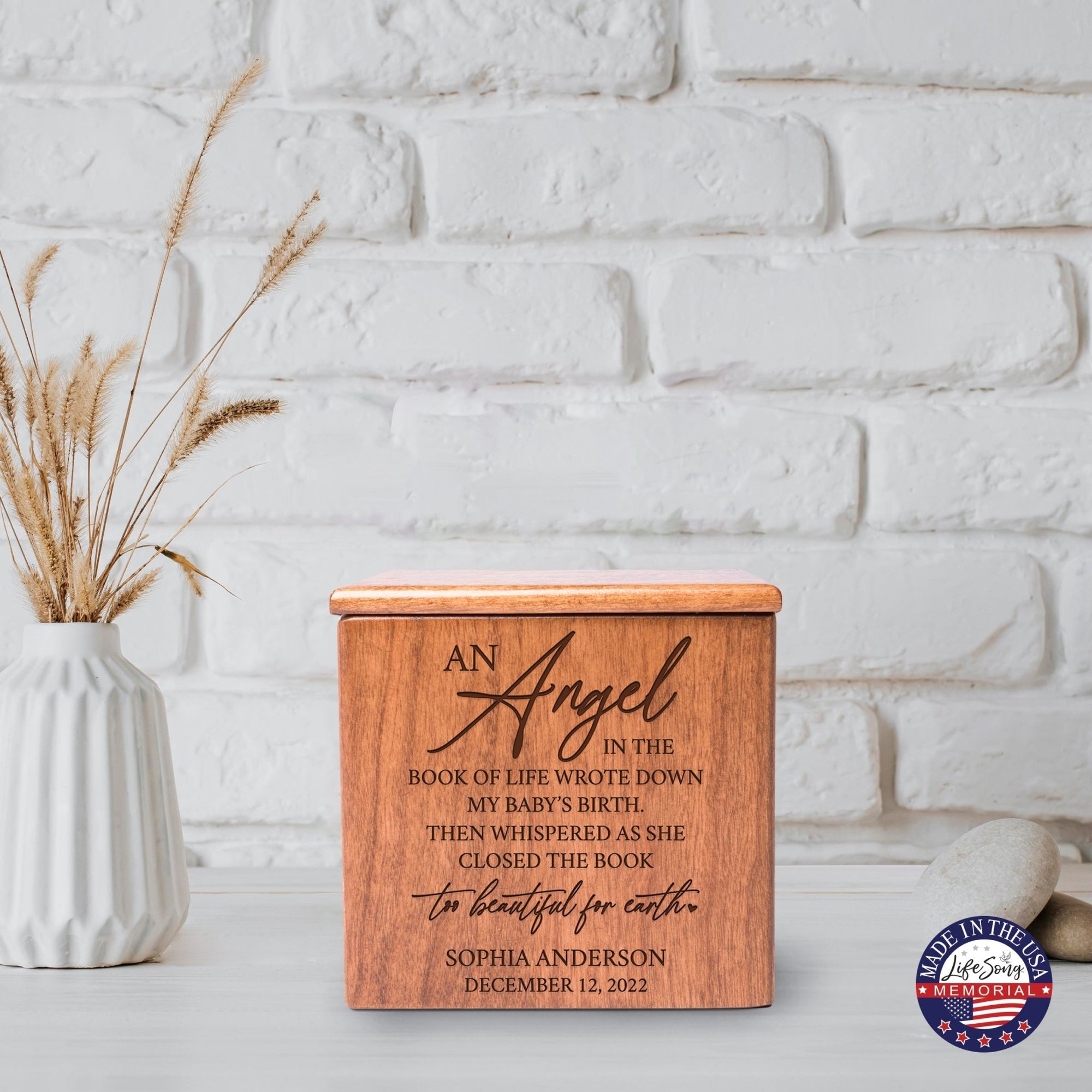 Custom Engraved Keepsake Urn Box for Human Ashes - An Angel In The Book of Life - LifeSong Milestones