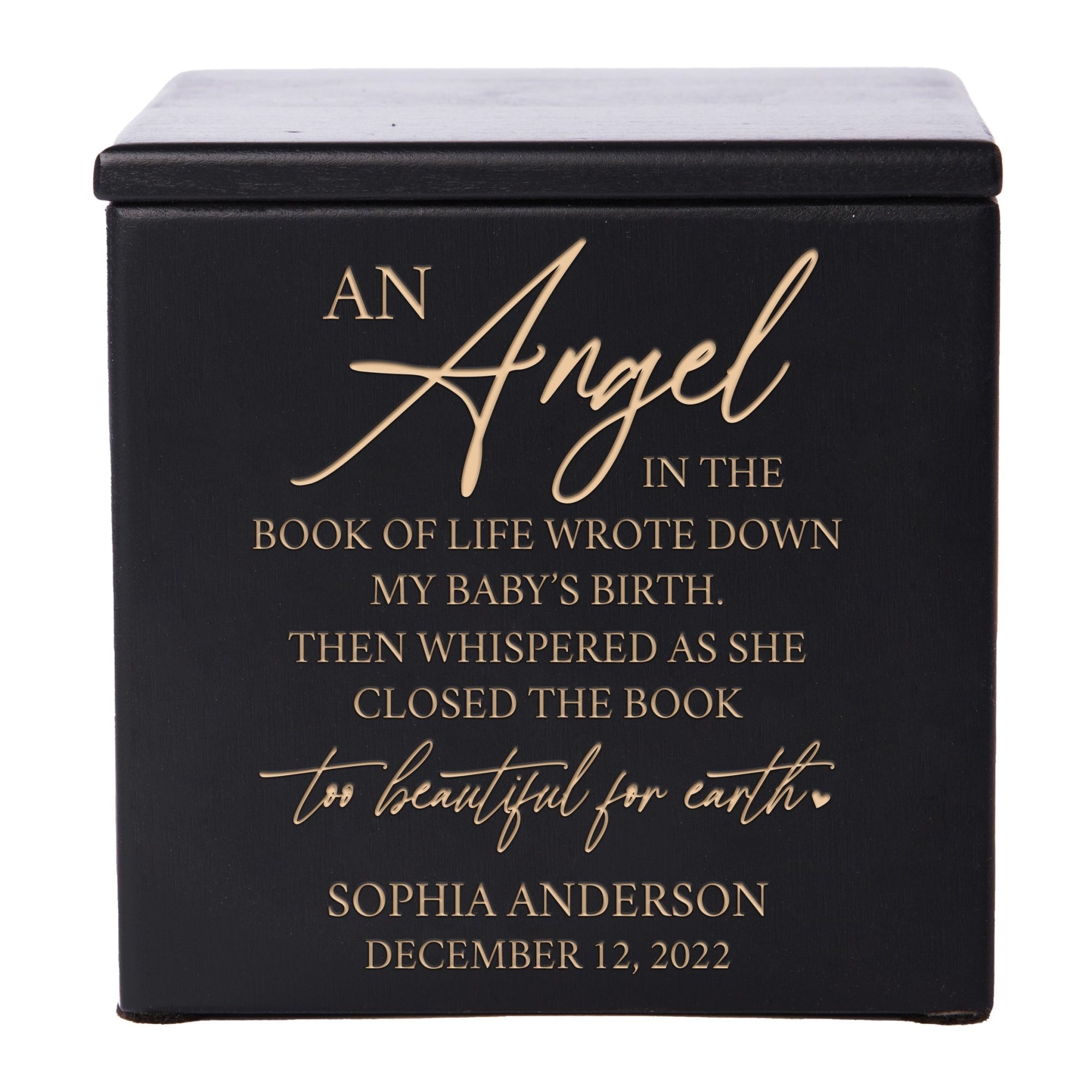 Custom Engraved Keepsake Urn Box for Human Ashes - An Angel In The Book of Life - LifeSong Milestones