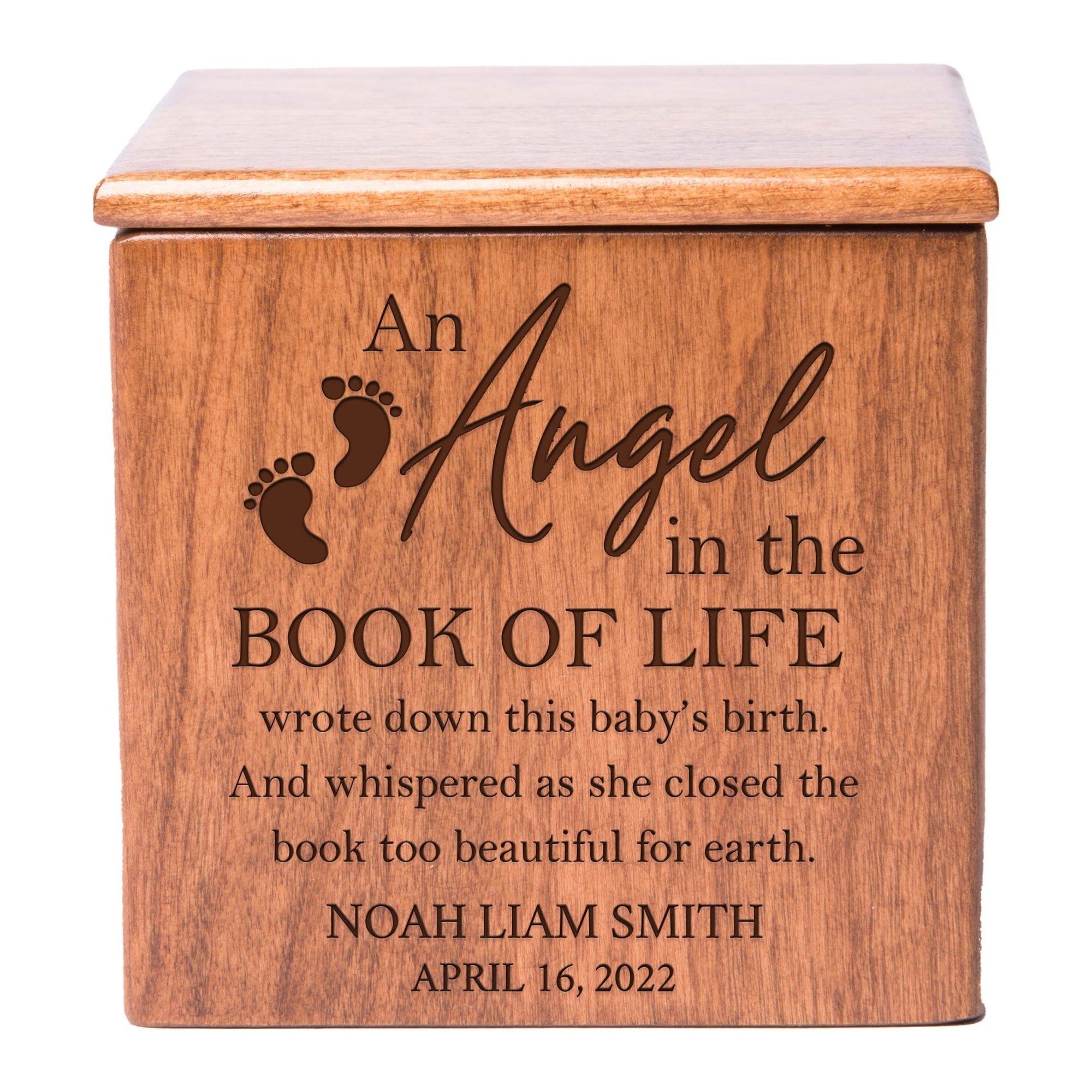 Custom Engraved Keepsake Urn Box for Human Ashes - An Angel In The Book of Life - LifeSong Milestones