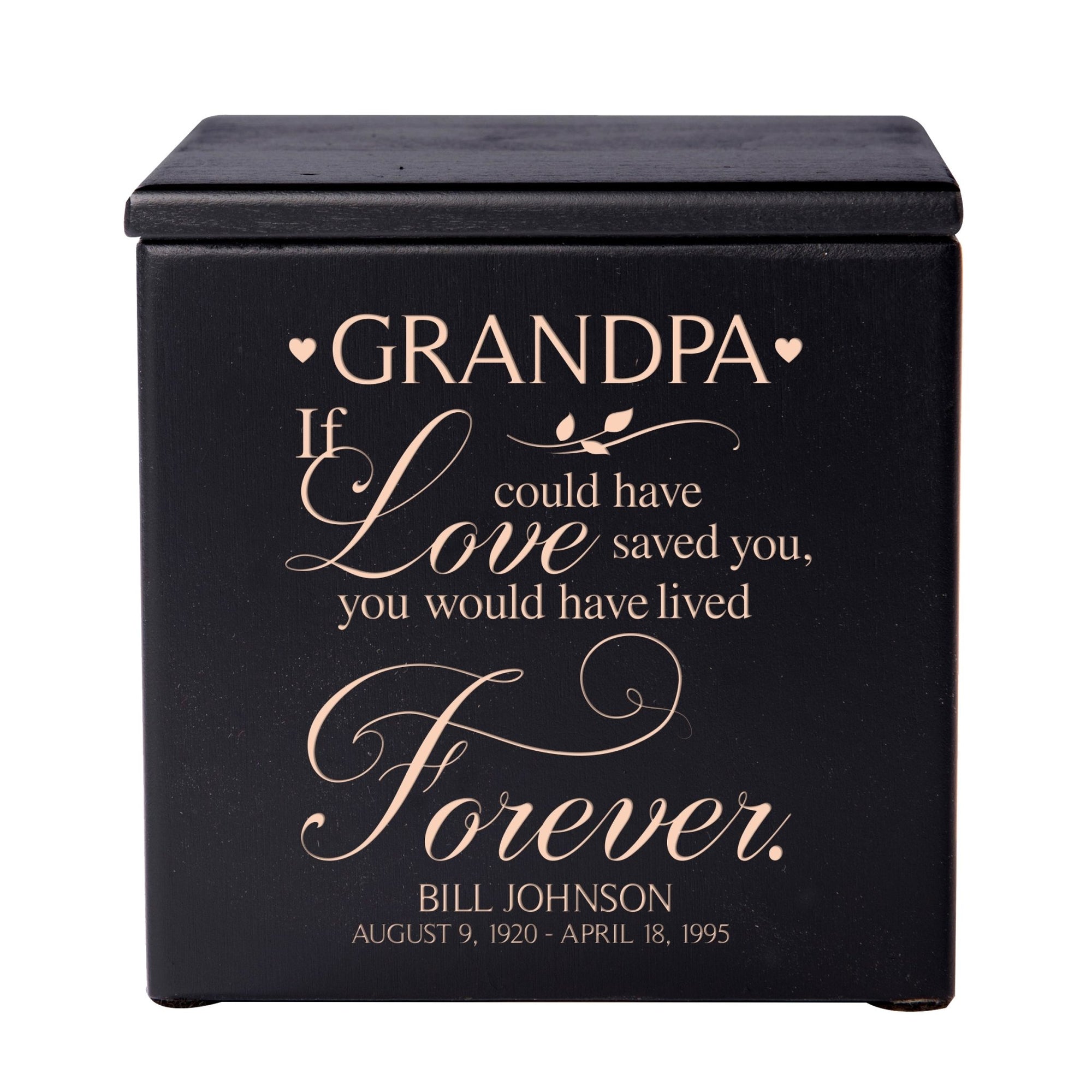 Custom Engraved Memorial 4.5x4.5in Cremation Urn Box Holds 49 Cu Inches Of Human Ashes (If love could have saved Grandpa) Funeral and Condolence Keepsake - LifeSong Milestones