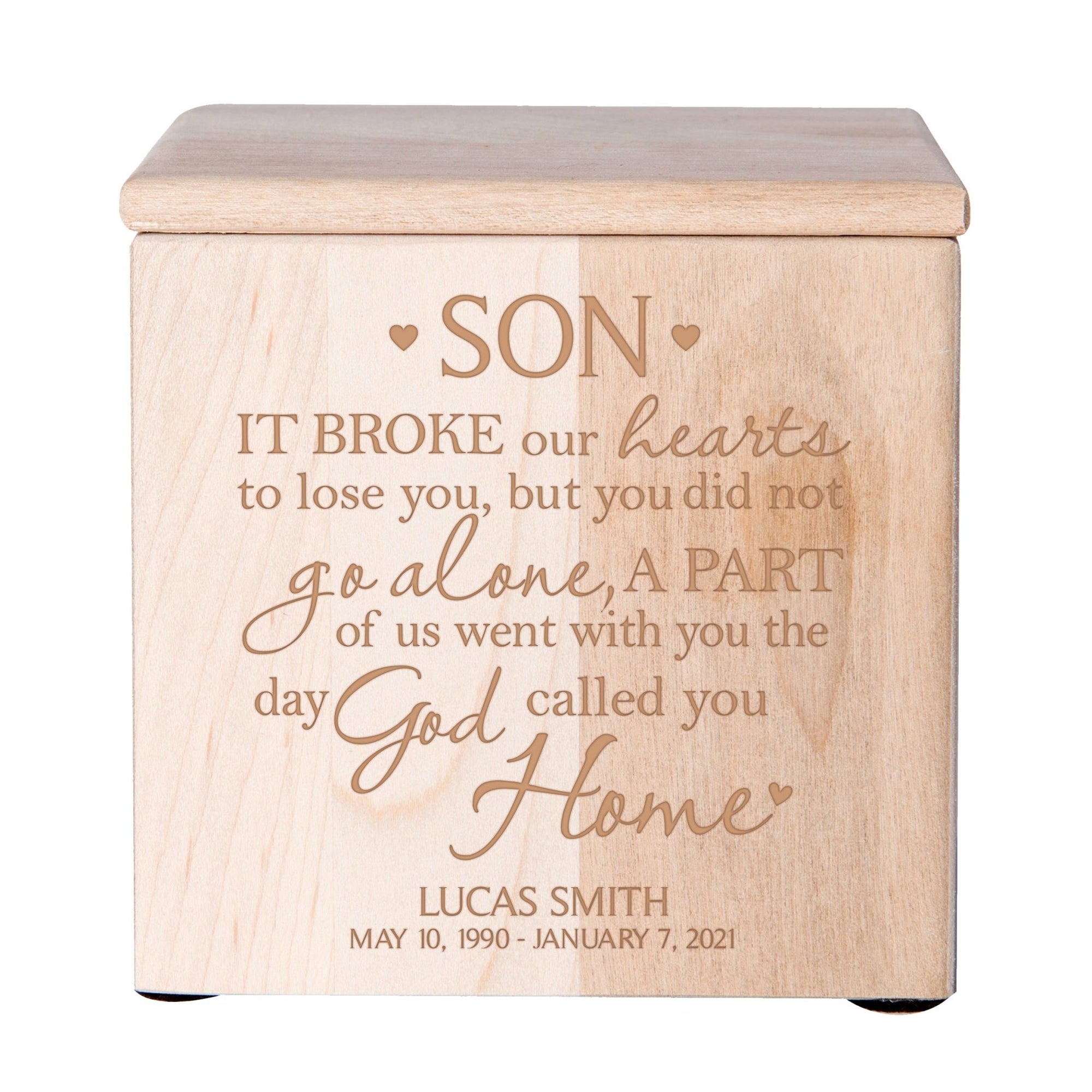 Custom Engraved Memorial 4.5x4.5in Cremation Urn Box Holds 49 Cu Inches Of Human Ashes (It Broke Our Hearts Son) Funeral and Condolence Keepsake - LifeSong Milestones