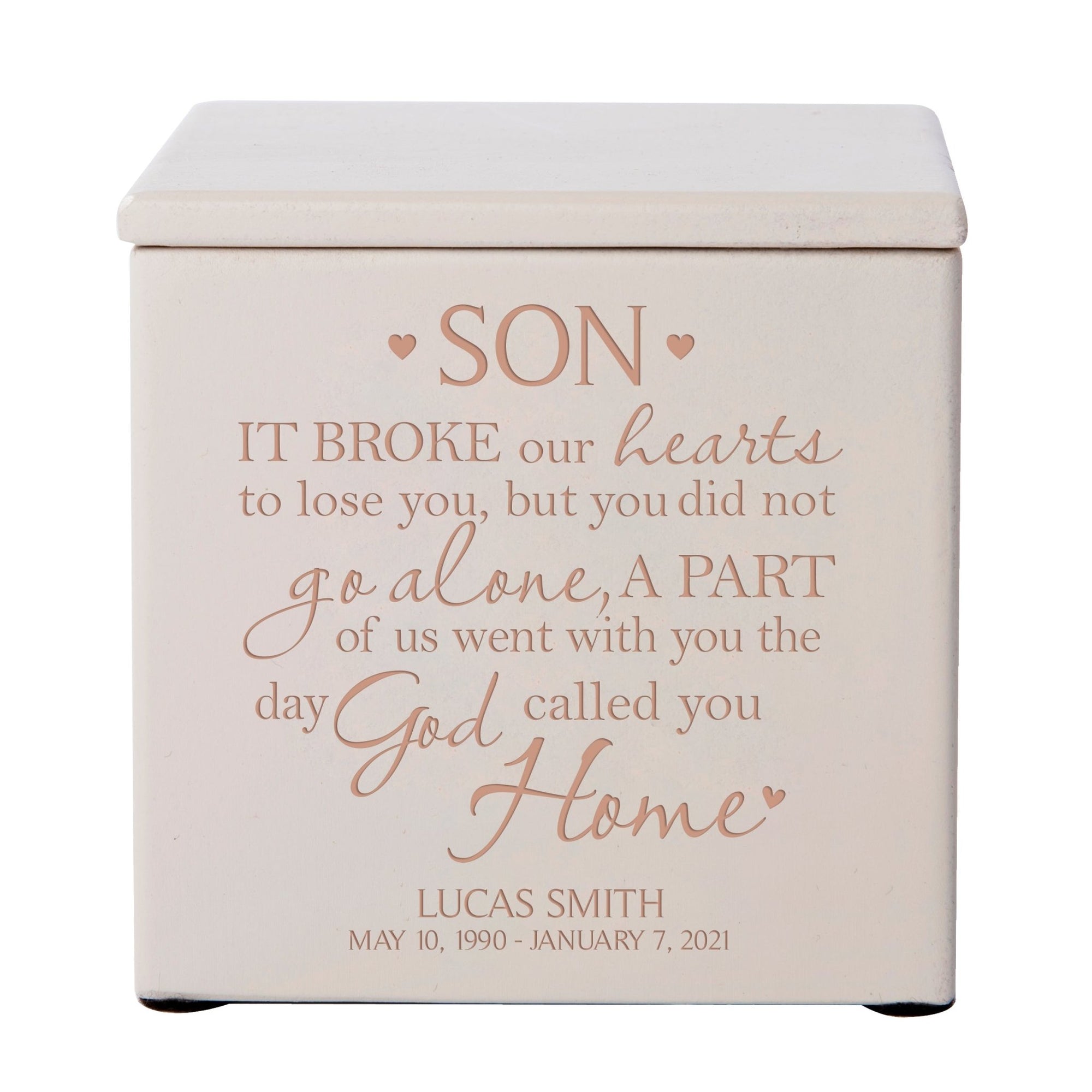 Custom Engraved Memorial 4.5x4.5in Cremation Urn Box Holds 49 Cu Inches Of Human Ashes (It Broke Our Hearts Son) Funeral and Condolence Keepsake - LifeSong Milestones