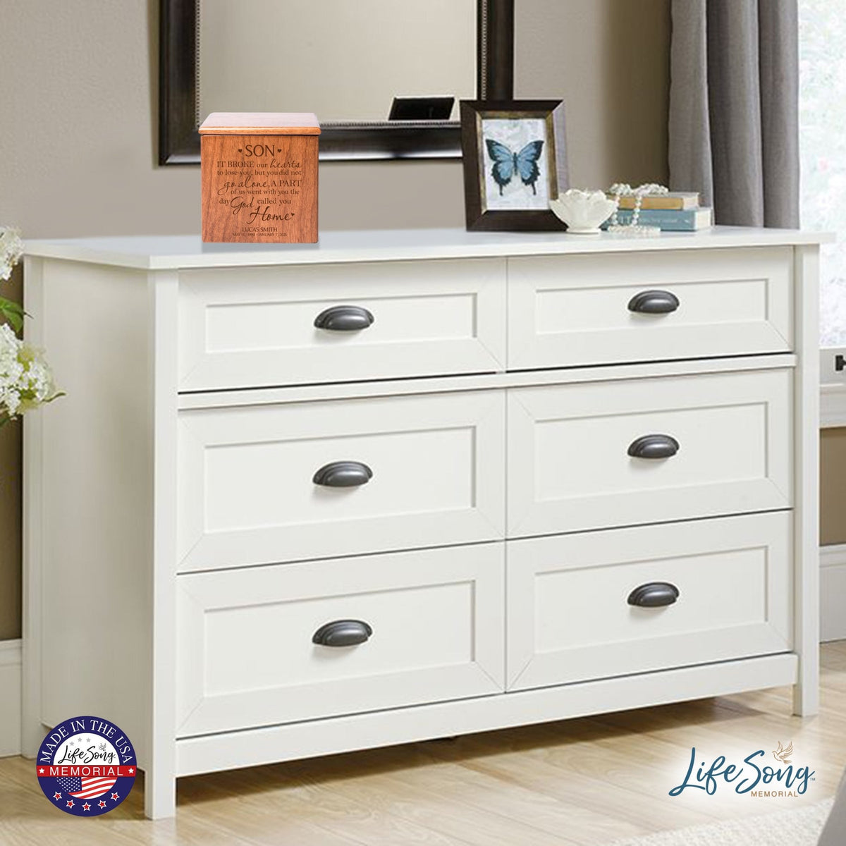 Custom Memorial Handcrafted Wooden Keepsake Urn Box for Son