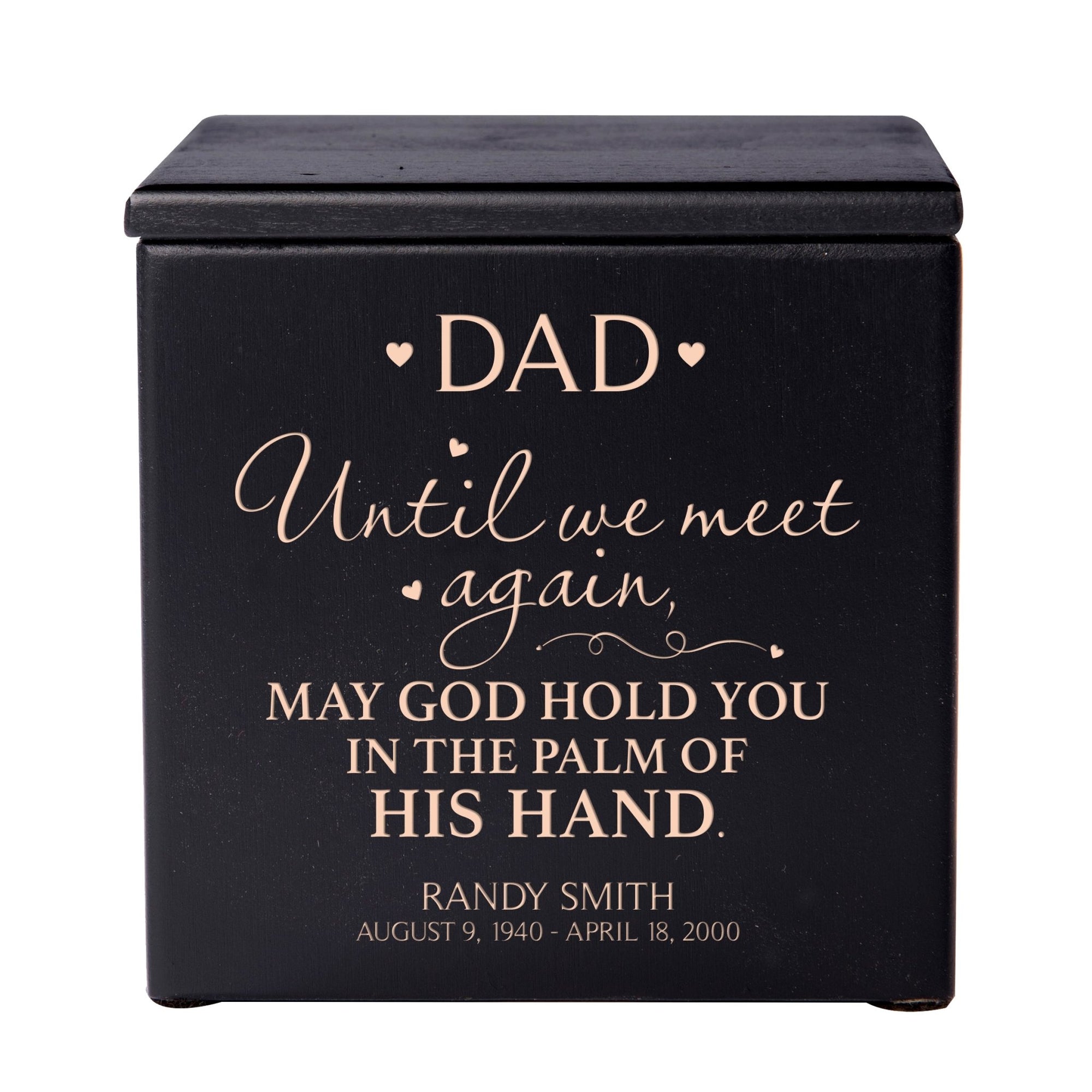 Custom Engraved Memorial 4.5x4.5in Cremation Urn Box Holds 49 Cu Inches Of Human Ashes (Until We Meet Again Dad) Funeral and Condolence Keepsake - LifeSong Milestones