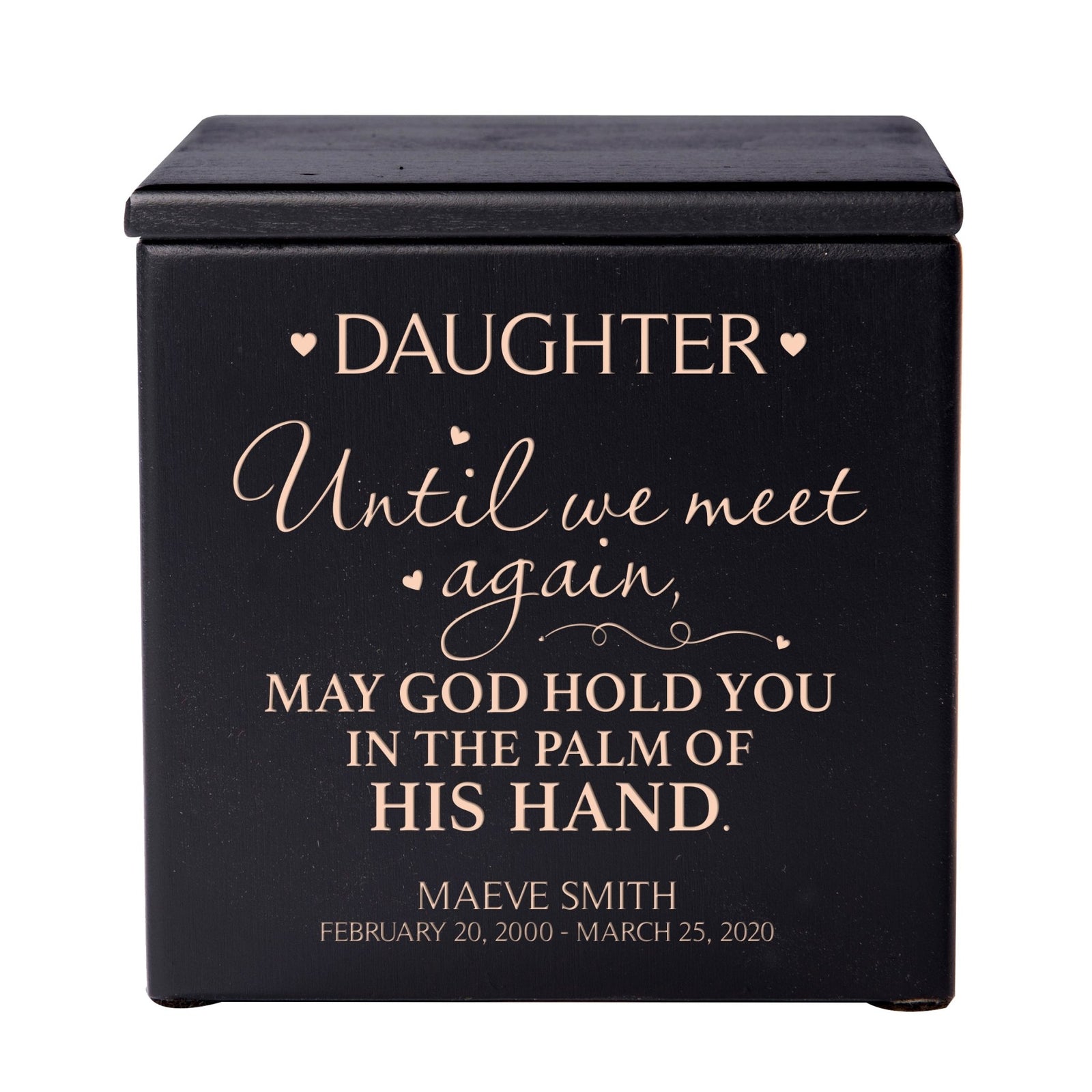 Custom Engraved Memorial 4.5x4.5in Cremation Urn Box Holds 49 Cu Inches Of Human Ashes (Until We Meet Again Daughter) Funeral and Condolence Keepsake - LifeSong Milestones