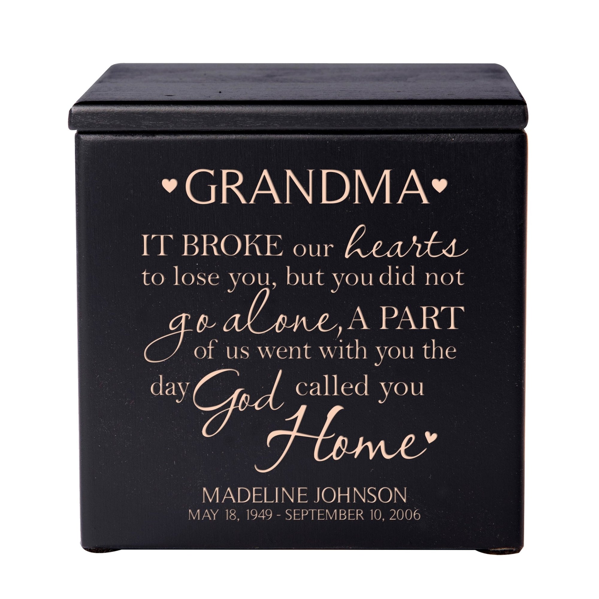 Custom Engraved Memorial 4.5x4.5in Cremation Urn Box Holds 49 Cu Inches Of Human Ashes (Until We Meet Again Grandma) Funeral and Condolence Keepsake - LifeSong Milestones