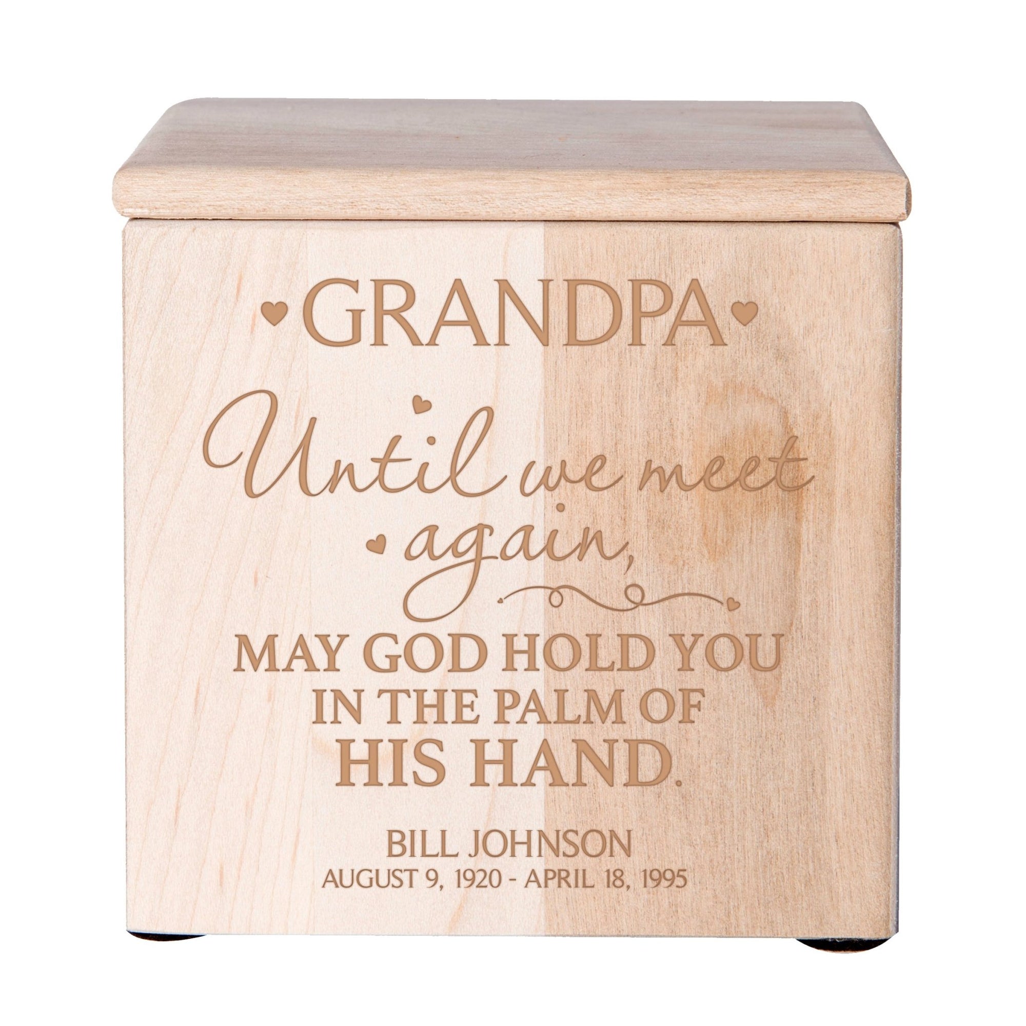 Custom Engraved Memorial 4.5x4.5in Cremation Urn Box Holds 49 Cu Inches Of Human Ashes (Until We Meet Again Grandpa) Funeral and Condolence Keepsake - LifeSong Milestones
