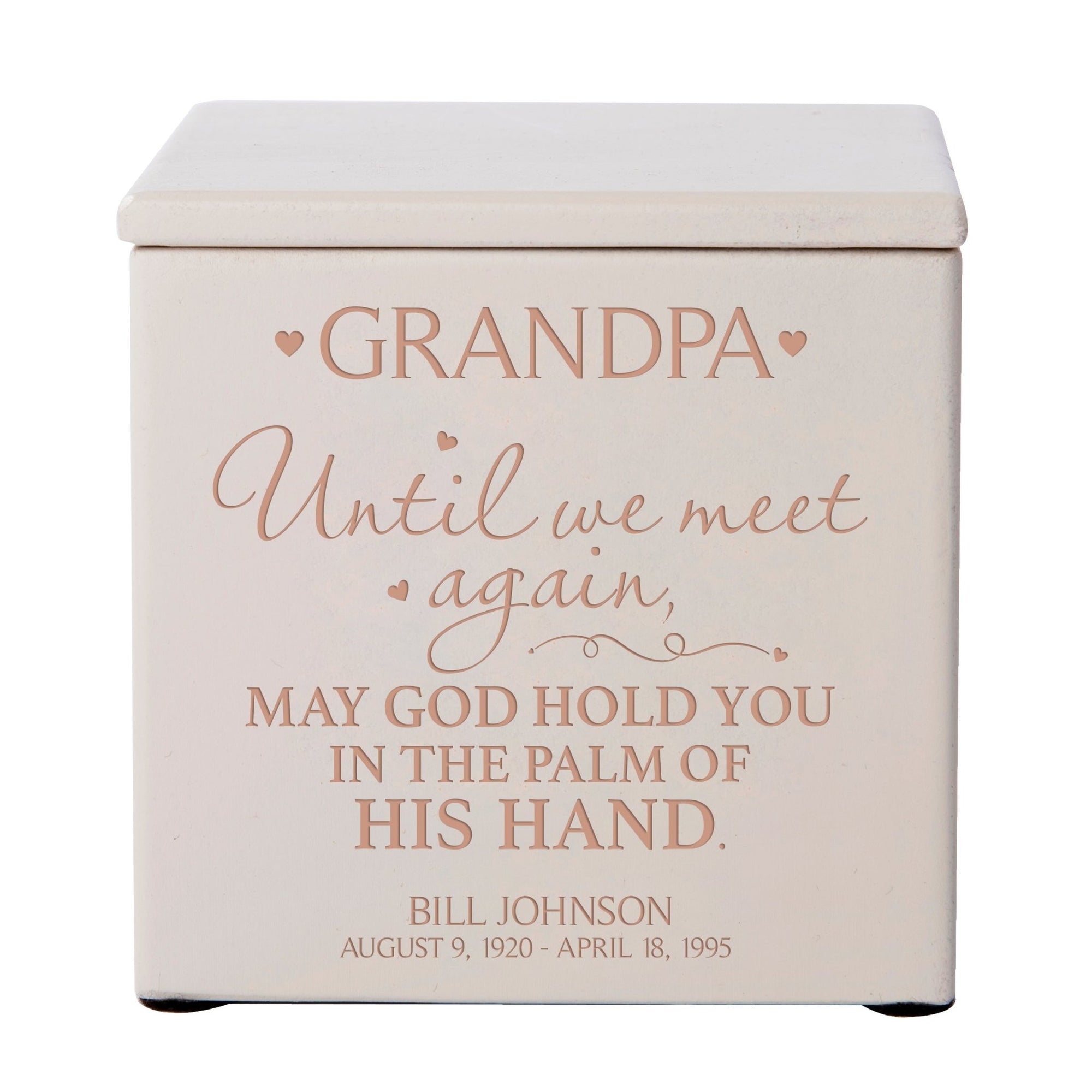 Custom Engraved Memorial 4.5x4.5in Cremation Urn Box Holds 49 Cu Inches Of Human Ashes (Until We Meet Again Grandpa) Funeral and Condolence Keepsake - LifeSong Milestones