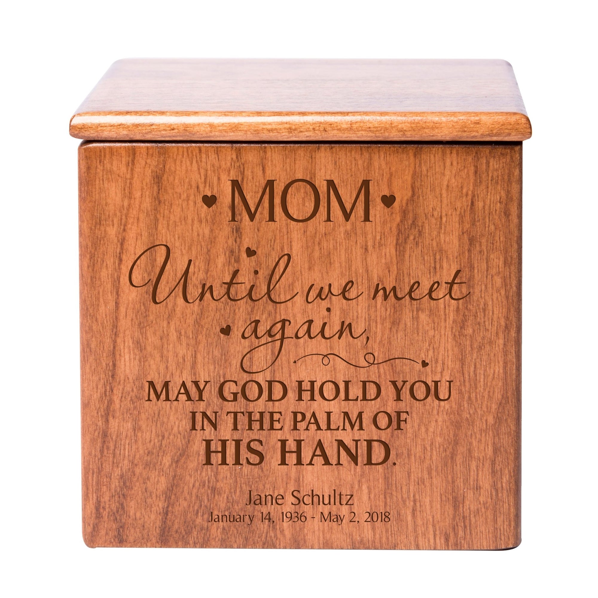 Custom Engraved Memorial 4.5x4.5in Cremation Urn Box Holds 49 Cu Inches Of Human Ashes (Until We Meet Again Mom) Funeral and Condolence Keepsake - LifeSong Milestones
