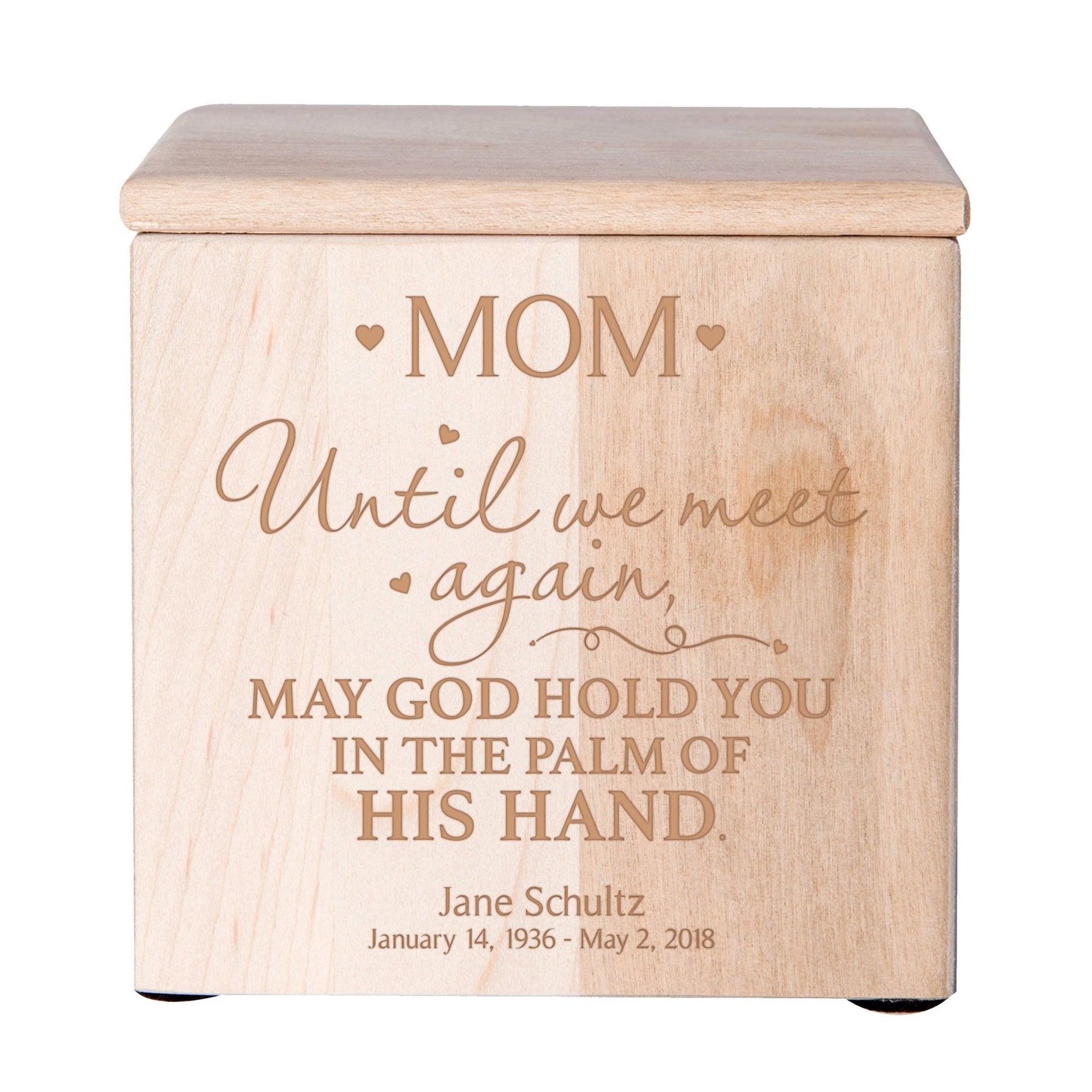 Custom Engraved Memorial 4.5x4.5in Cremation Urn Box Holds 49 Cu Inches Of Human Ashes (Until We Meet Again Mom) Funeral and Condolence Keepsake - LifeSong Milestones