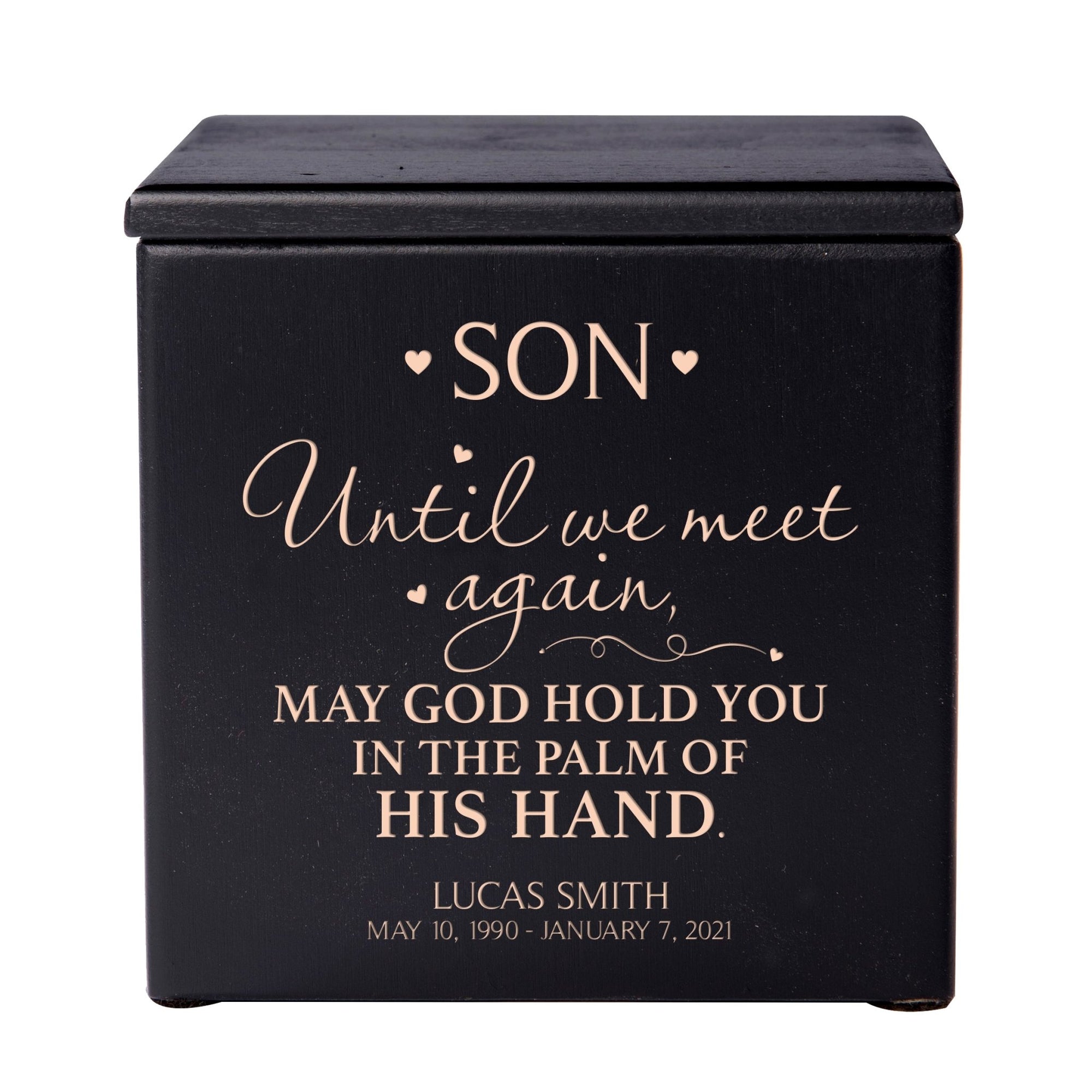 Custom Engraved Memorial 4.5x4.5in Cremation Urn Box Holds 49 Cu Inches Of Human Ashes (Until We Meet Again Son) Funeral and Condolence Keepsake - LifeSong Milestones