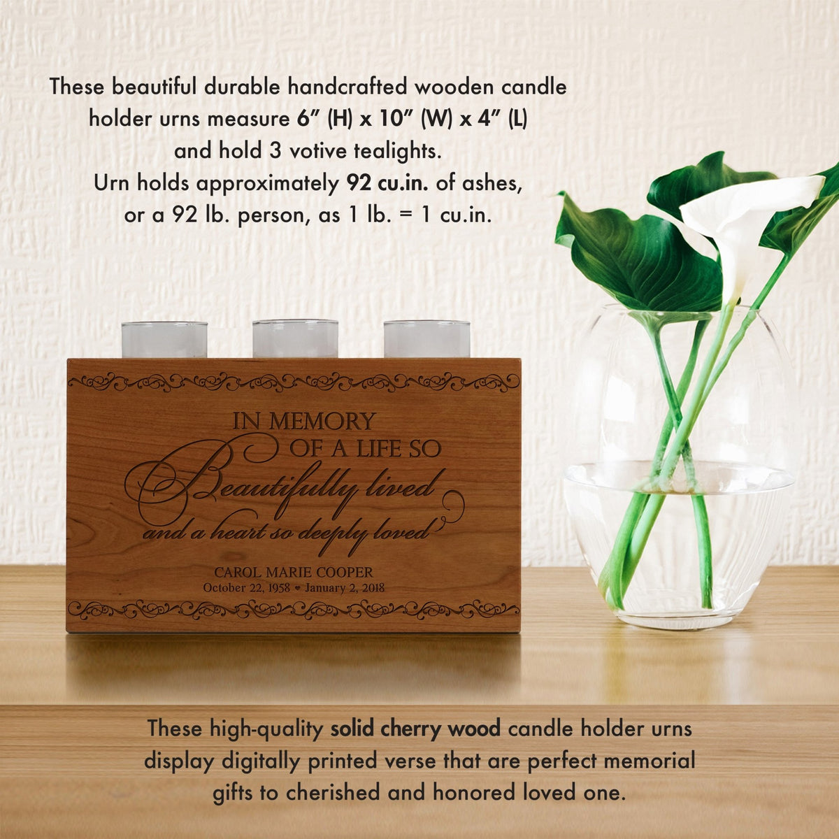 Custom Engraved Memorial Candle Holder Urn Cherry Wood - LifeSong Milestones