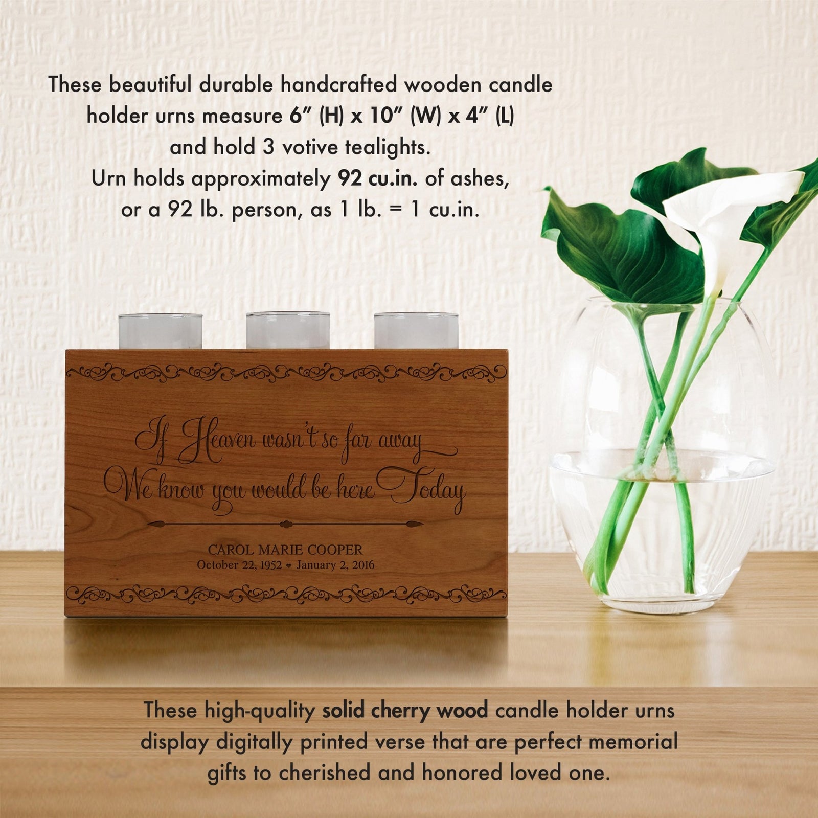 Custom Engraved Memorial Candle Holder Urn Cherry Wood - LifeSong Milestones