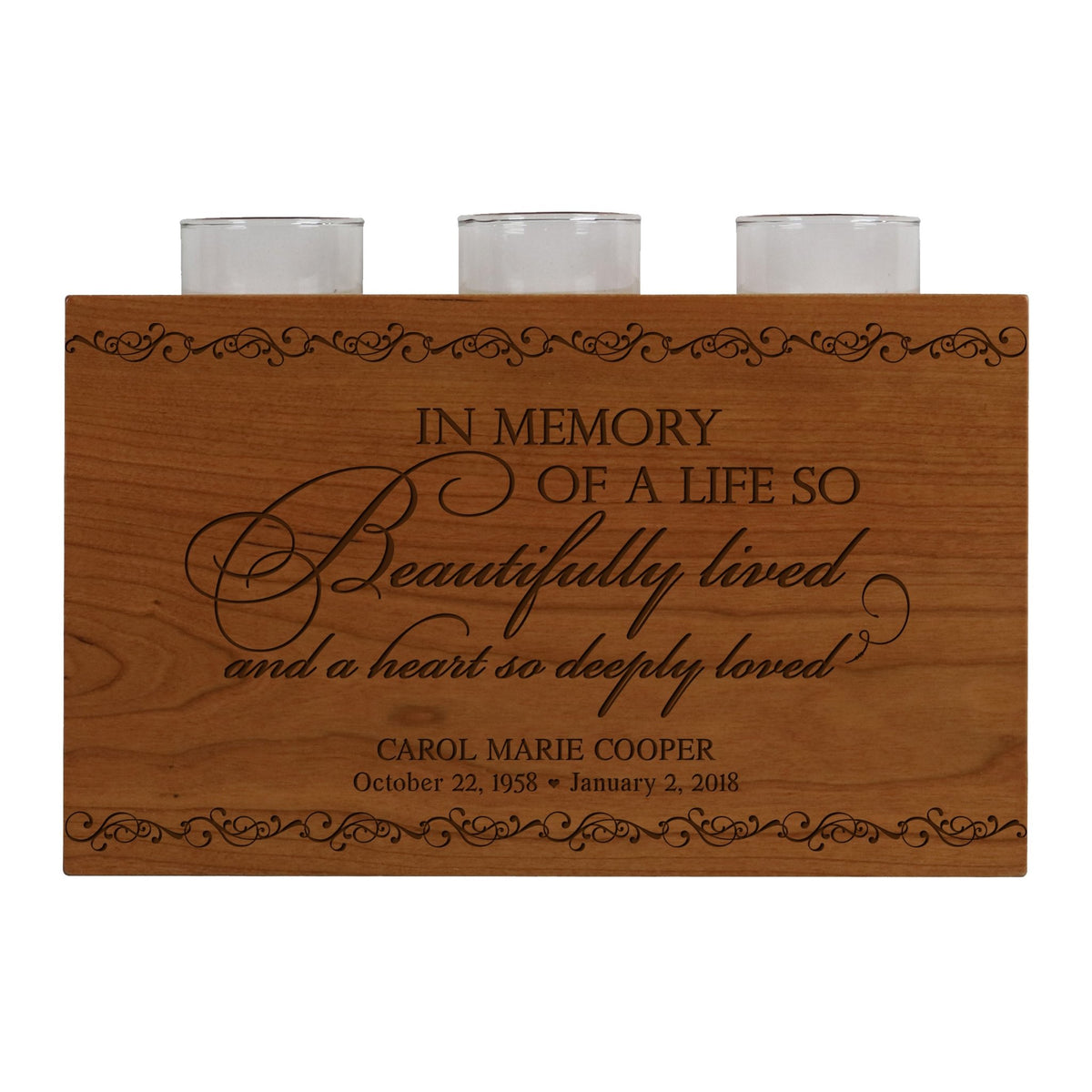 Custom Engraved Memorial Candle Holder Urn Cherry Wood - LifeSong Milestones