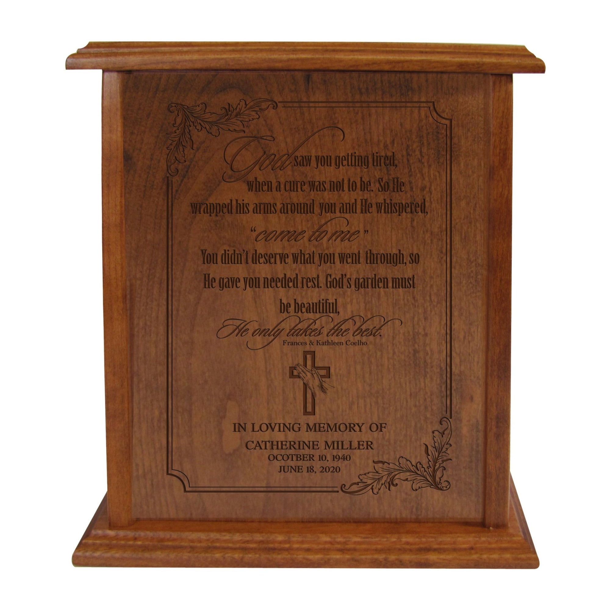 Custom Engraved Memorial Cherry Cremation Urn Box Holds 272 Cu Inches of Human Ashes - God saw you getting tired - LifeSong Milestones