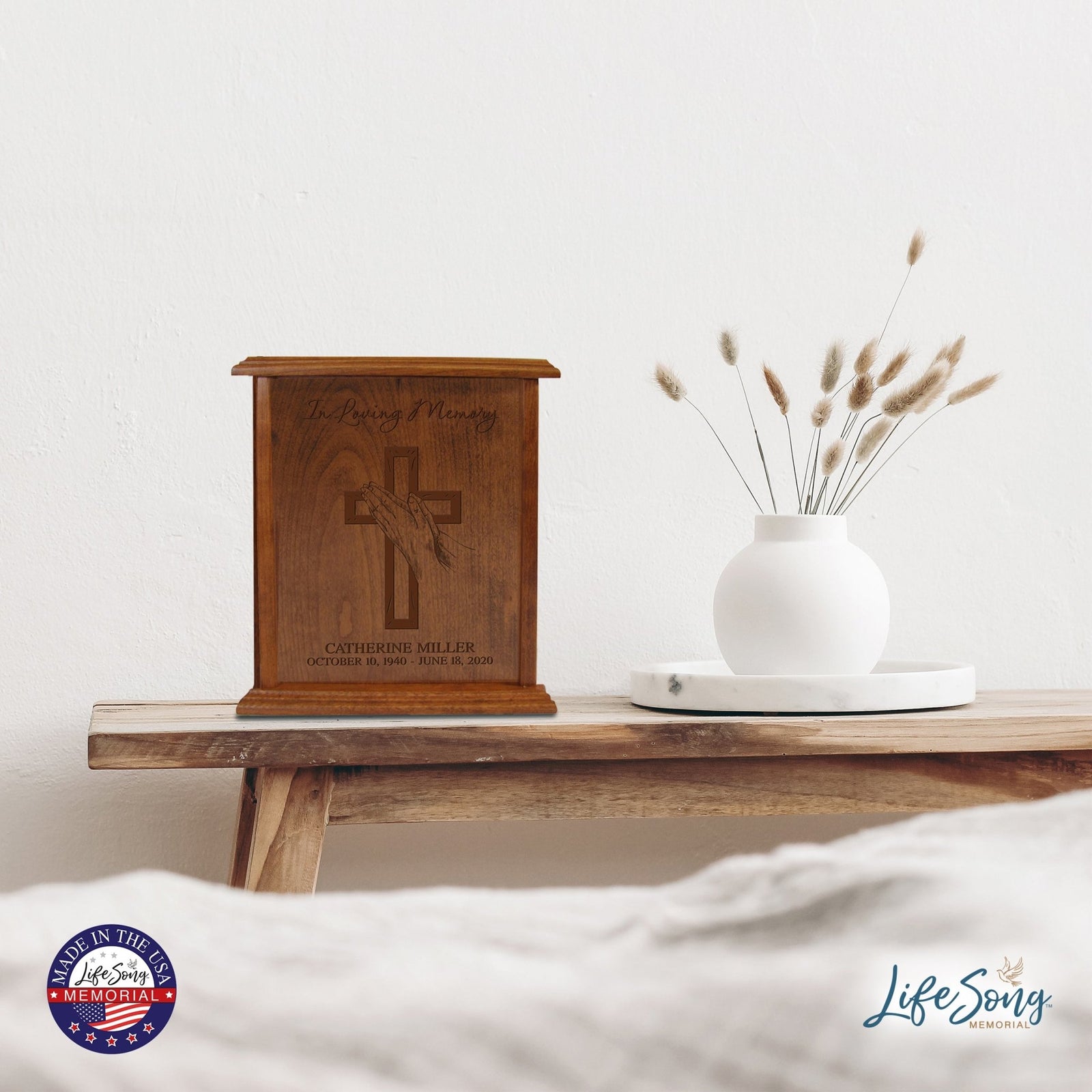 Custom Engraved Memorial Cherry Vertical Cremation Keepsake Urn Box Holds 272 Cu Inches Of Human Ashes In Loving Memory (Hand On Cross) - LifeSong Milestones