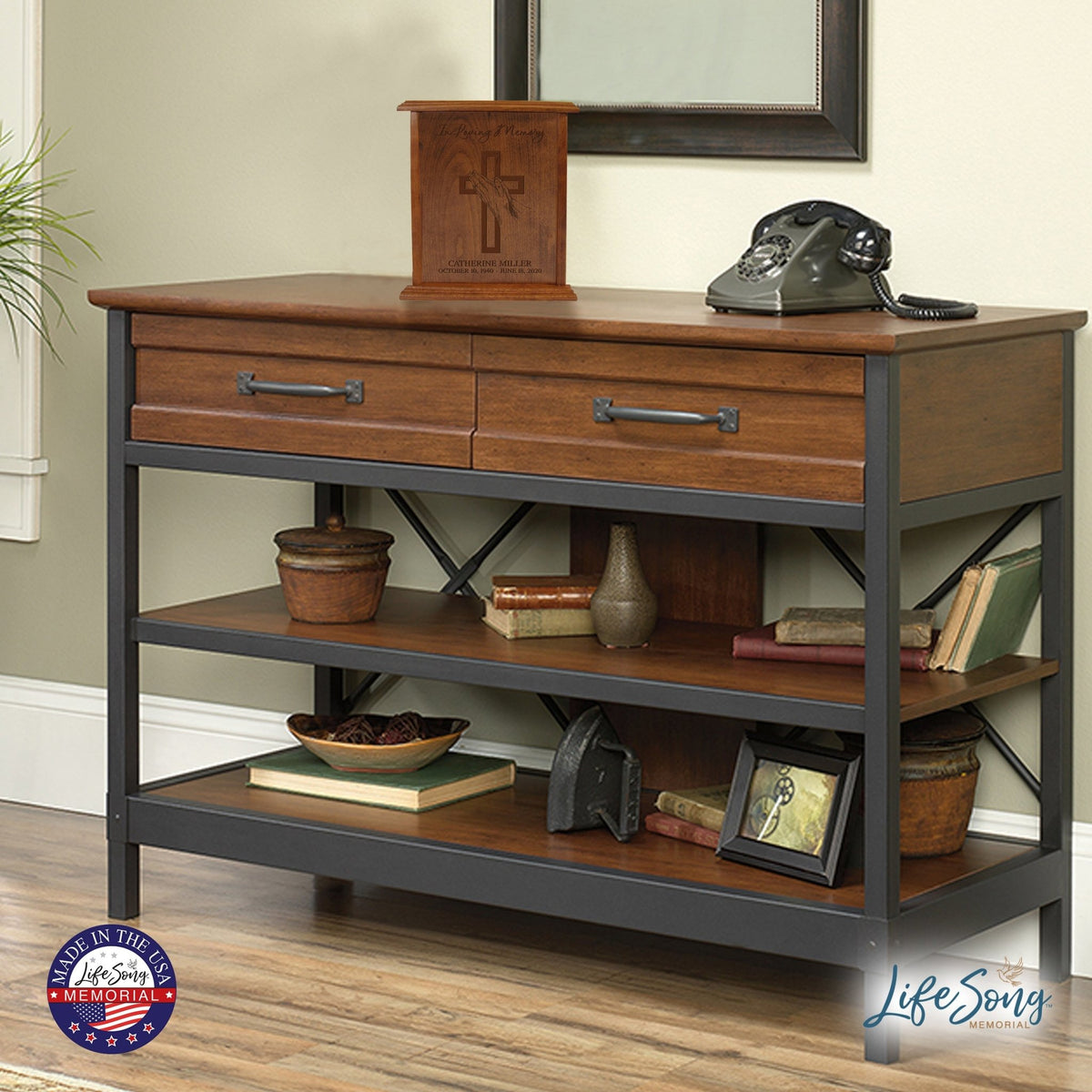 Custom Engraved Memorial Cherry Vertical Cremation Keepsake Urn Box Holds 272 Cu Inches Of Human Ashes In Loving Memory (Hand On Cross) - LifeSong Milestones