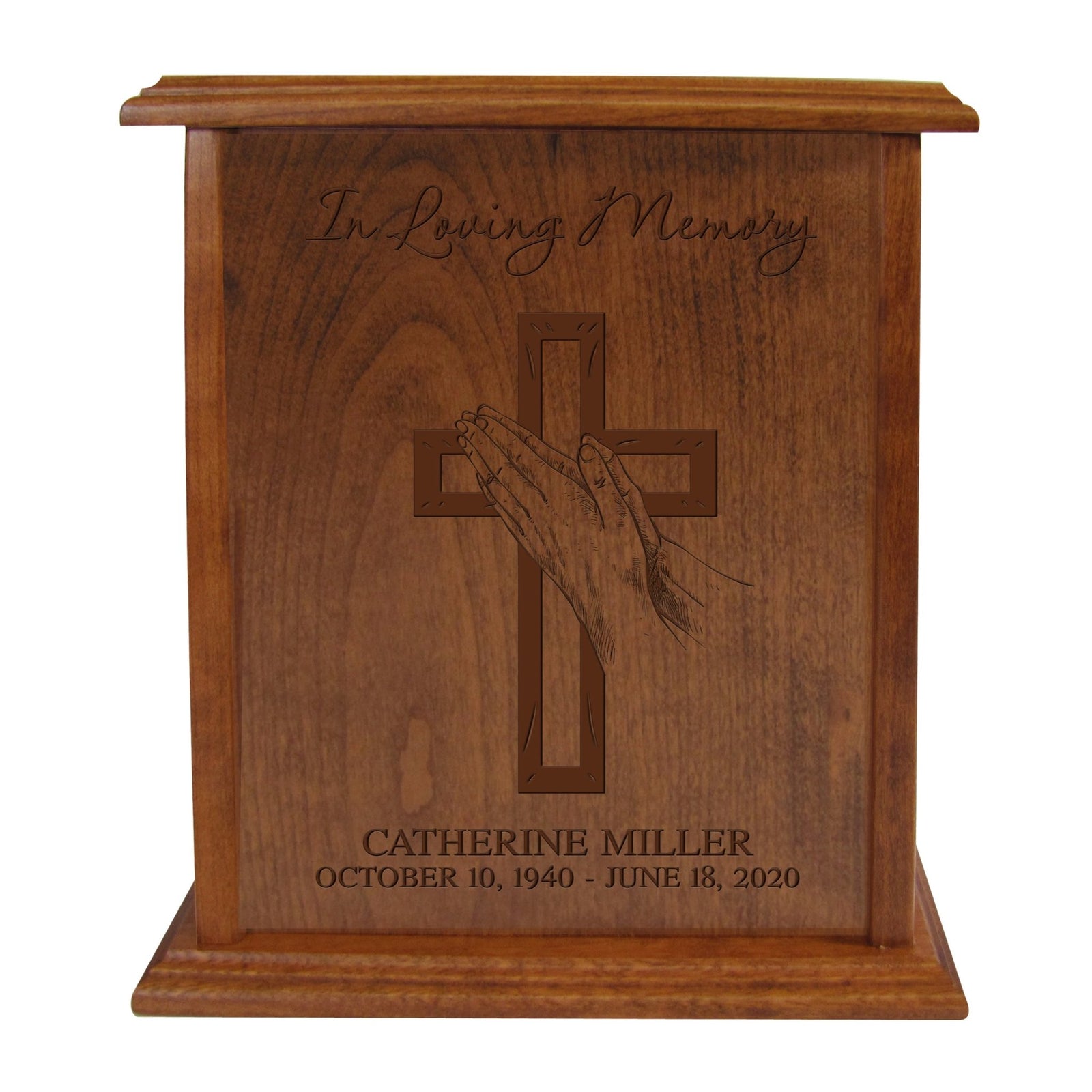 Custom Engraved Memorial Cherry Vertical Cremation Keepsake Urn Box Holds 272 Cu Inches Of Human Ashes In Loving Memory (Hand On Cross) - LifeSong Milestones