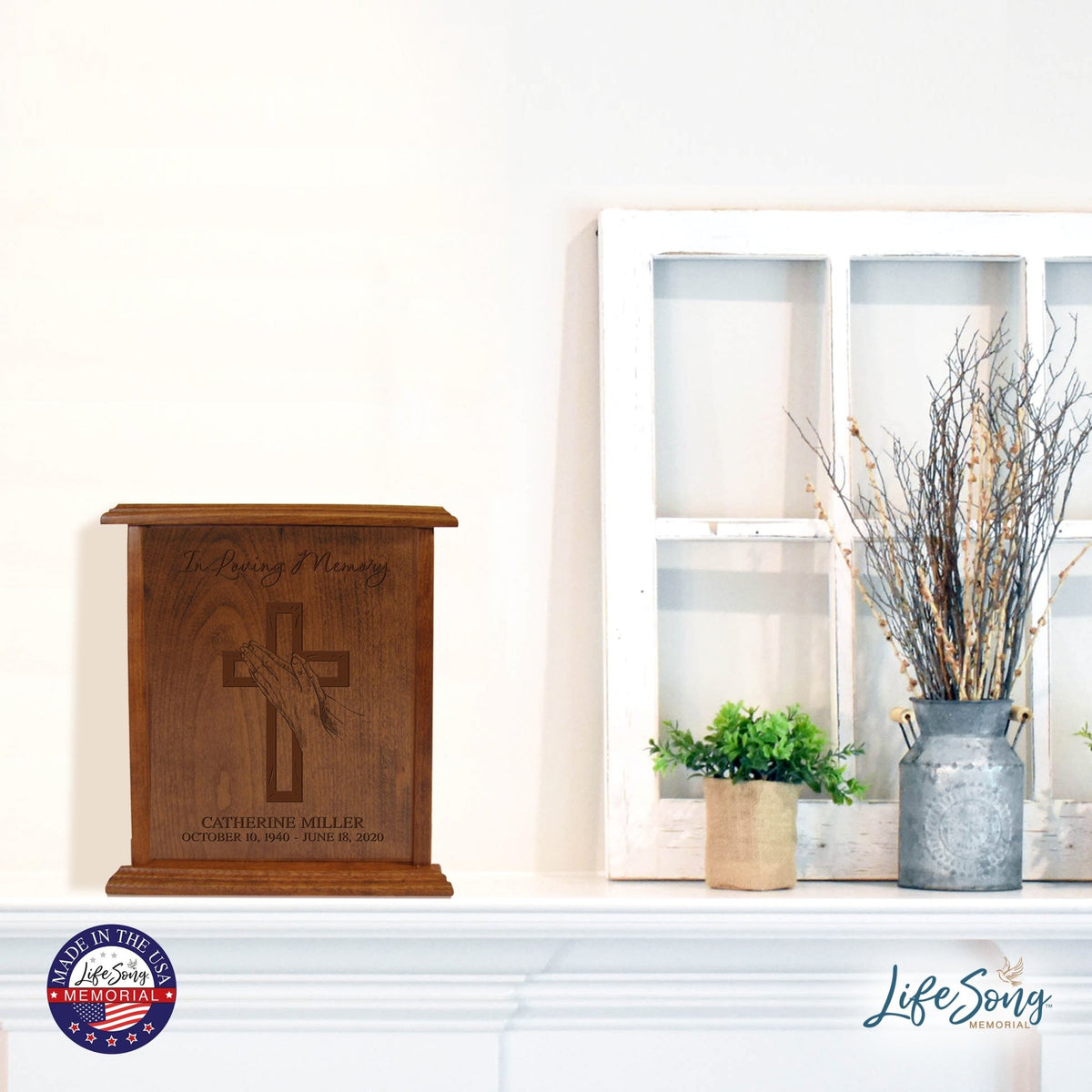 Custom Engraved Memorial Cherry Vertical Cremation Keepsake Urn Box Holds 272 Cu Inches Of Human Ashes In Loving Memory (Hand On Cross) - LifeSong Milestones