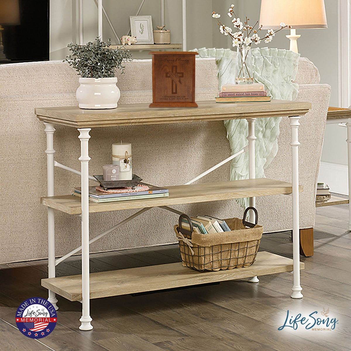 Custom Engraved Memorial Cherry Vertical Cremation Keepsake Urn Box Holds 272 Cu Inches Of Human Ashes In Loving Memory (Hand On Cross) - LifeSong Milestones