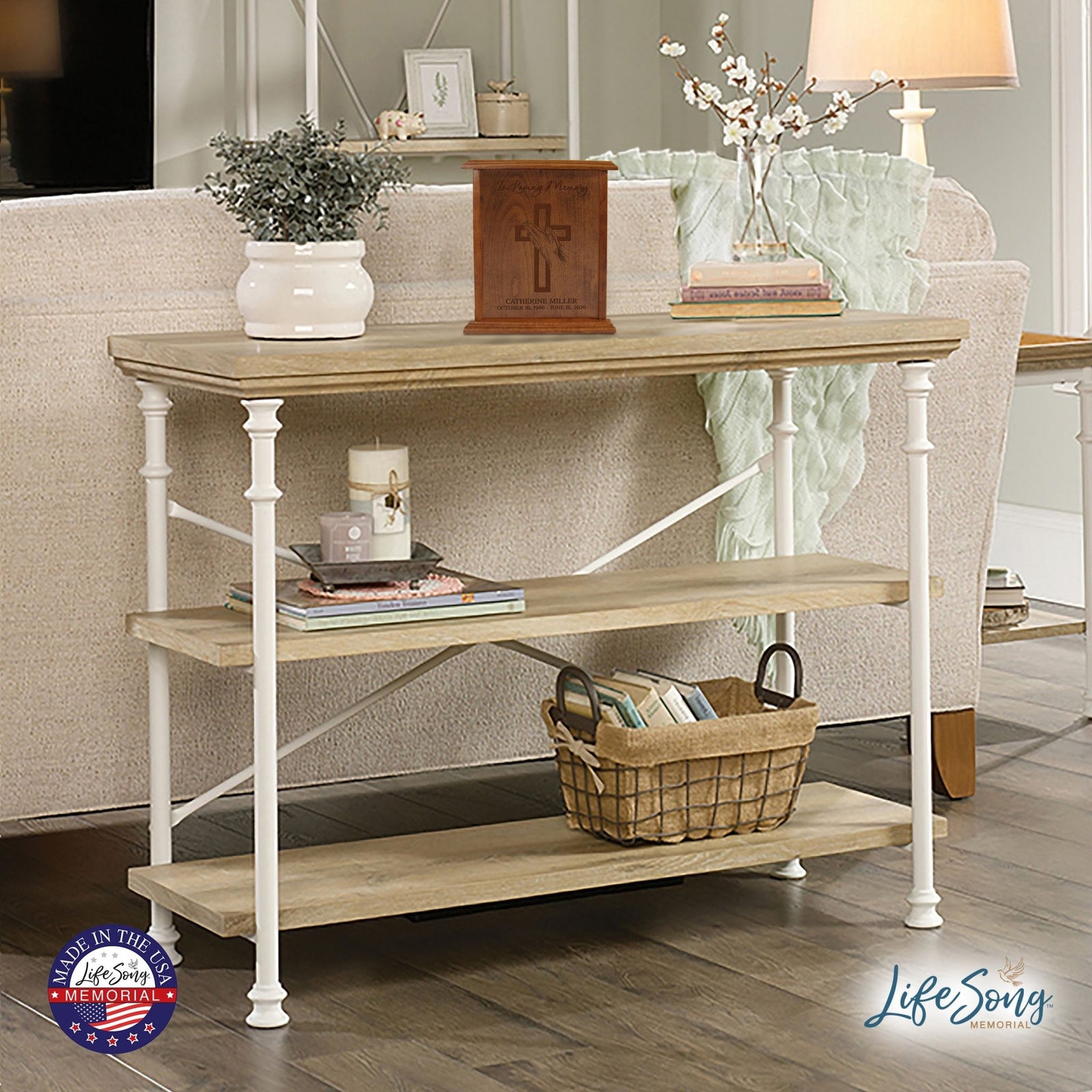 Custom Engraved Memorial Cherry Vertical Cremation Keepsake Urn Box Holds 272 Cu Inches Of Human Ashes In Loving Memory (Hand On Cross) - LifeSong Milestones