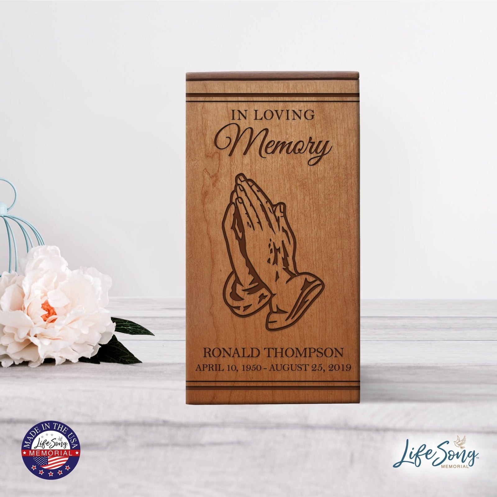 Classic Wooden Cremation Urn with Detailed Prayer Hand