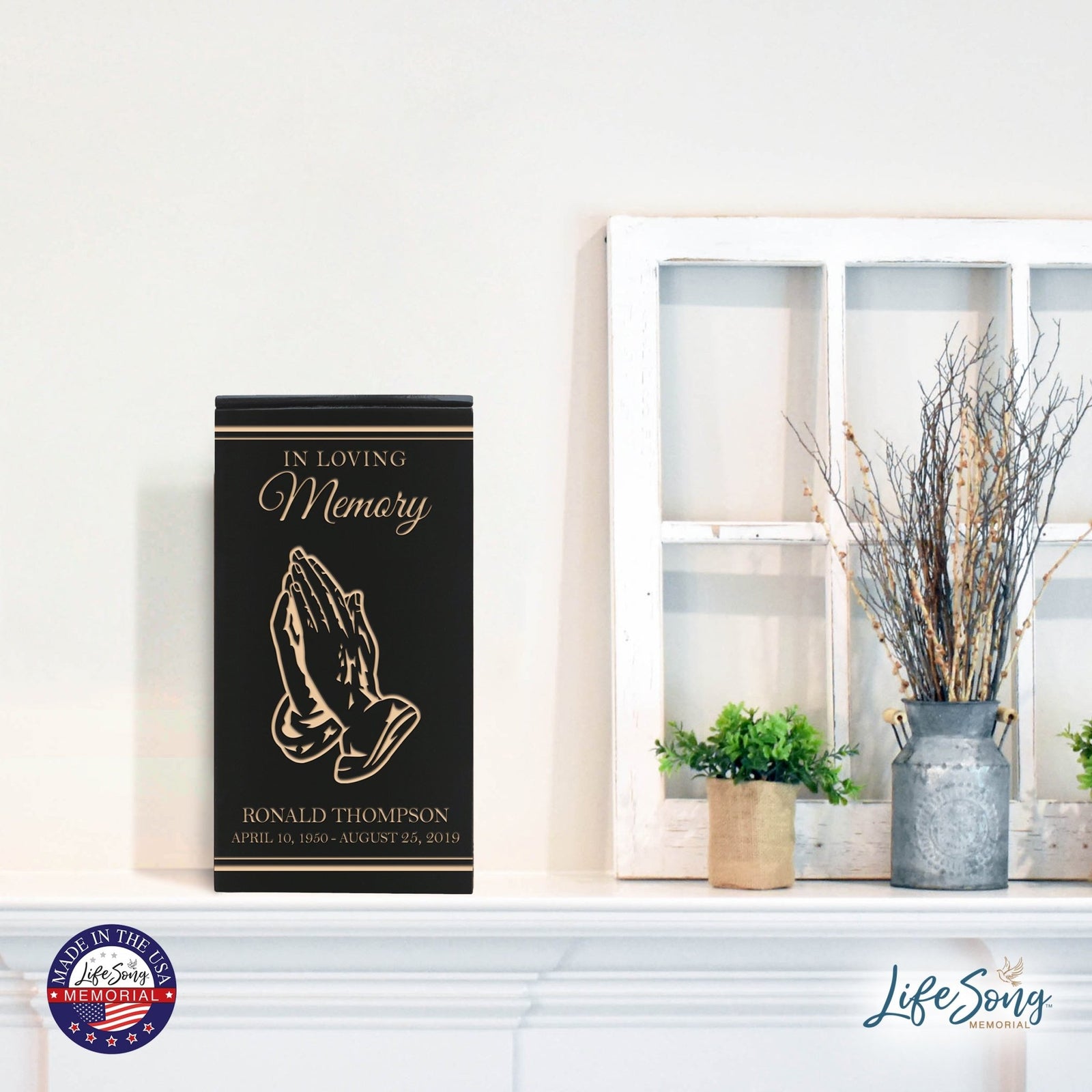 Personalized Wooden Cremation Urn Featuring Prayer Hand