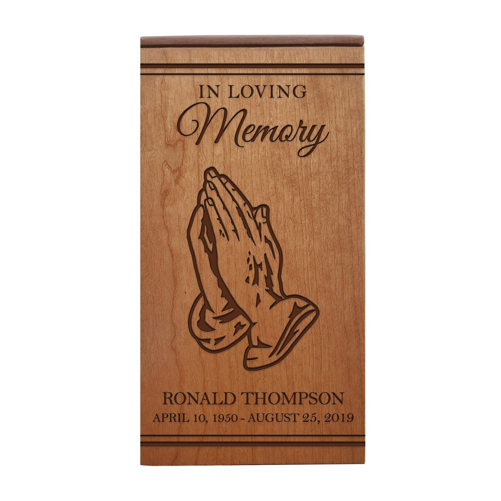 Handcrafted Wooden Urn with Custom Engraved Prayer Hand