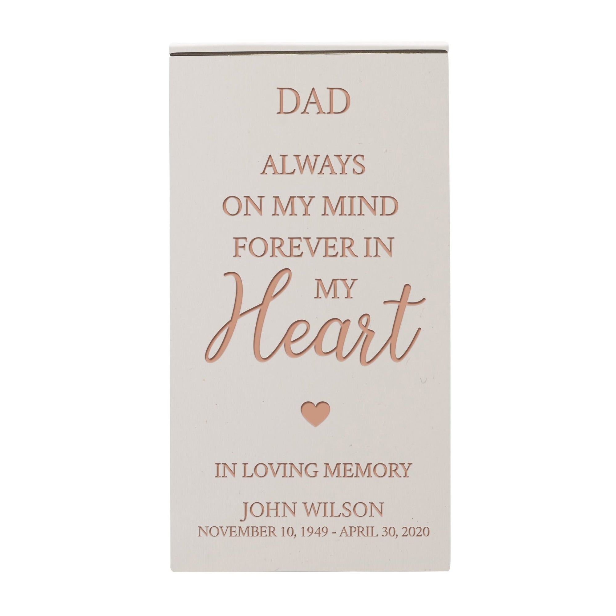 Custom Engraved Memorial Cremation Keepsake Urn Box holds 100 cu in of Ashes in - Dad, Always On My Mind - LifeSong Milestones