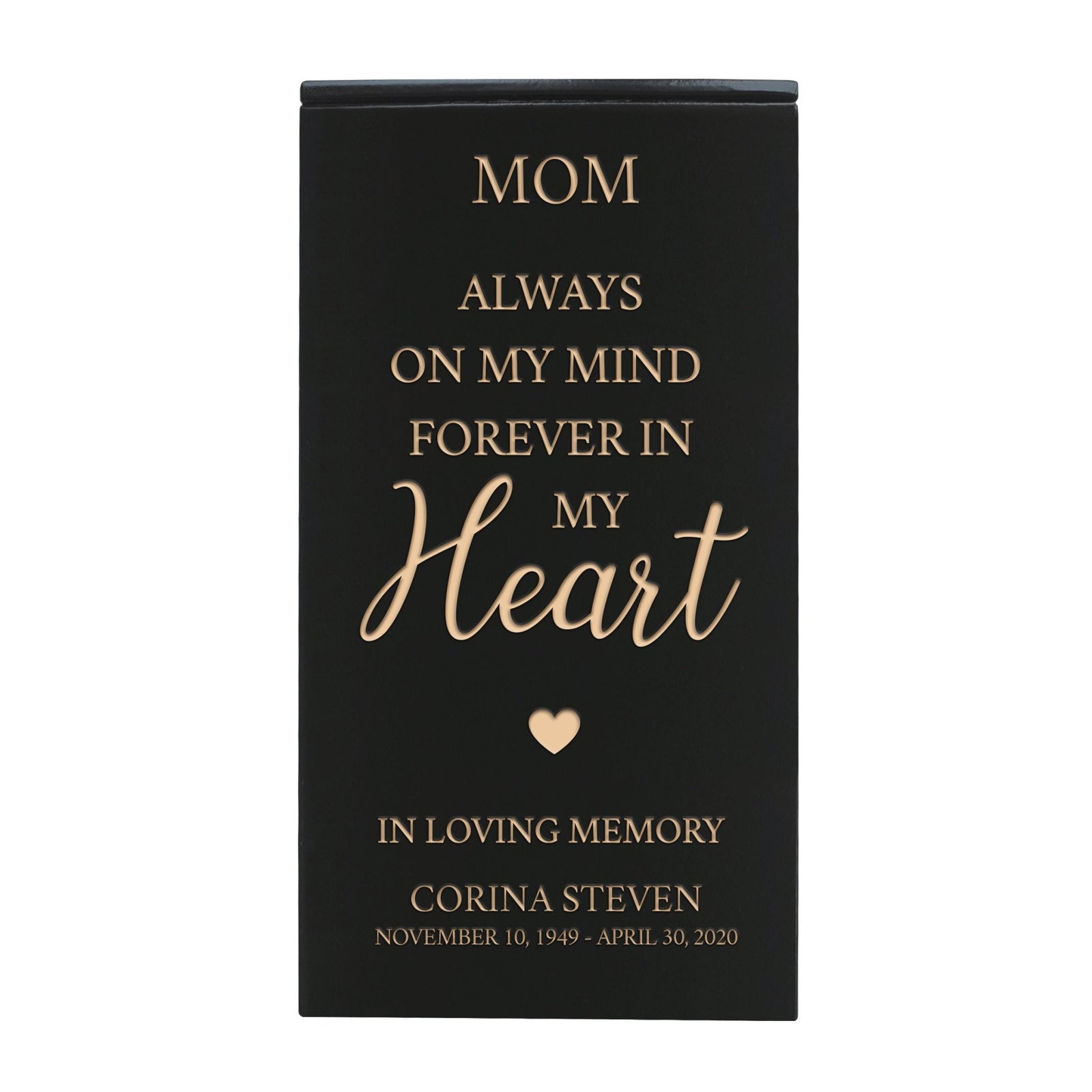 Custom Engraved Memorial Cremation Keepsake Urn Box holds 100 cu in of Ashes in - Mom, Always On My Mind - LifeSong Milestones
