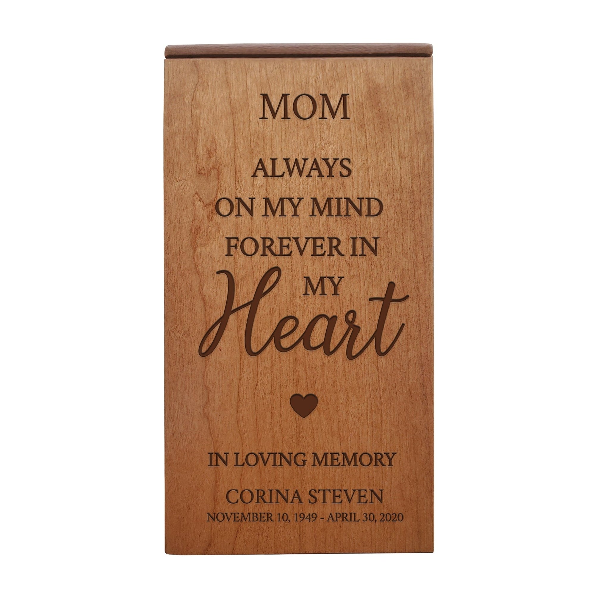 Custom Engraved Memorial Cremation Keepsake Urn Box holds 100 cu in of Ashes in - Mom, Always On My Mind - LifeSong Milestones