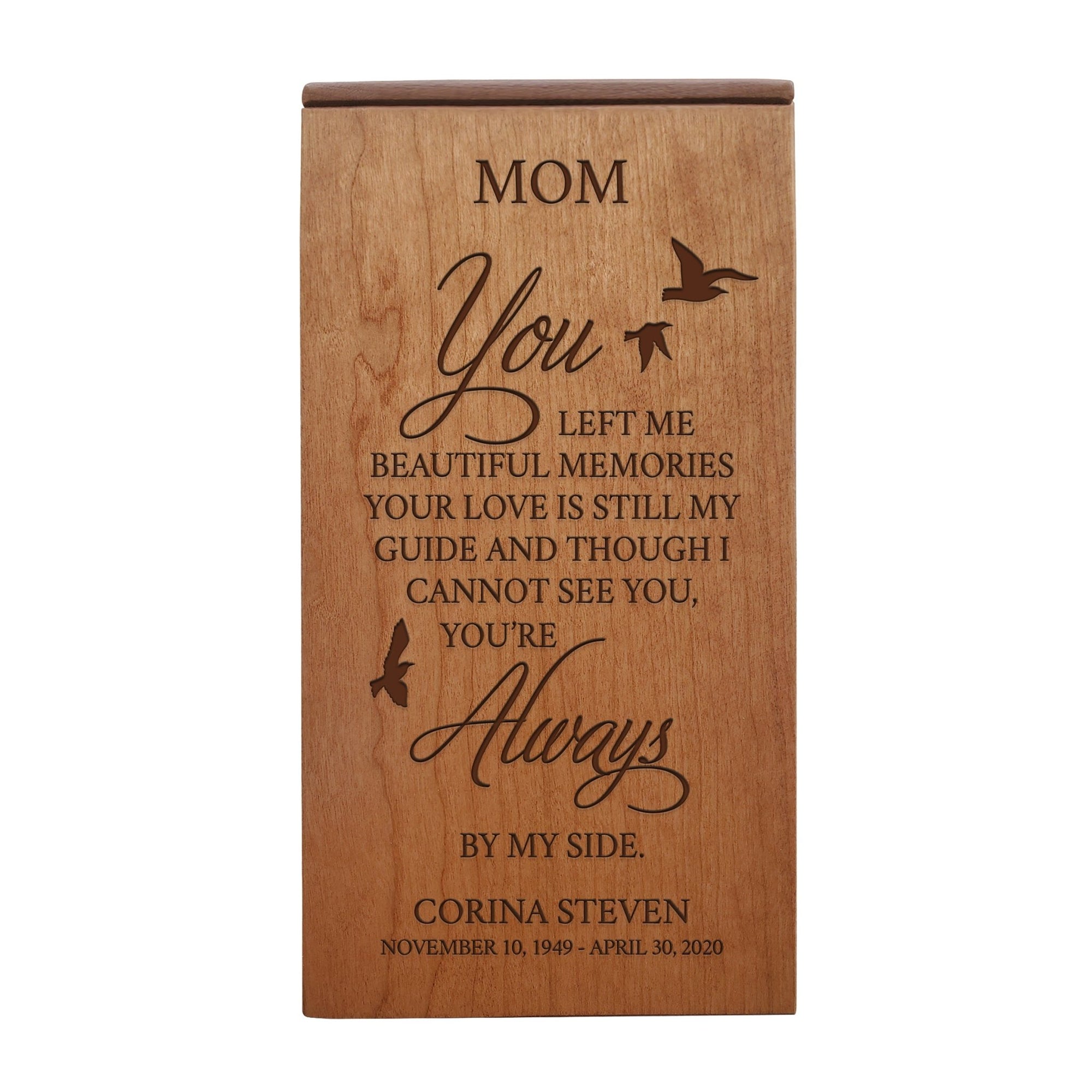 Custom Engraved Memorial Cremation Keepsake Urn Box holds 100 cu in of Ashes in - Mom, You Left Me Beautiful - LifeSong Milestones