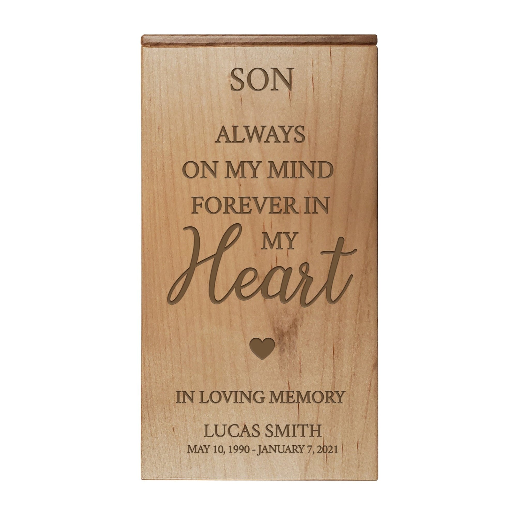 Custom Engraved Memorial Cremation Keepsake Urn Box holds 100 cu in of Ashes in - Son, Always On My Mind - LifeSong Milestones