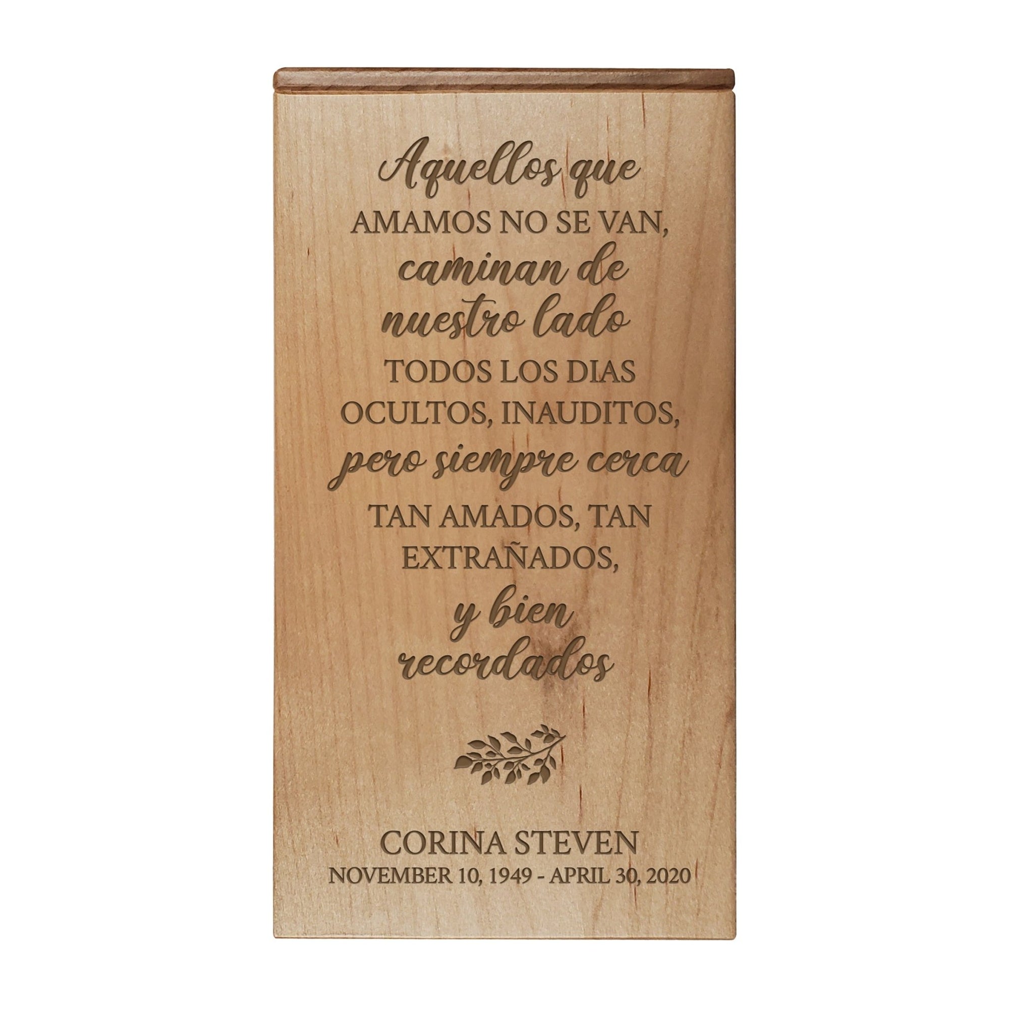 Custom Engraved Memorial Cremation Keepsake Urn Box holds 100 cu in of Ashes in Spanish Verse - Nuestra Cadena Familiar - LifeSong Milestones