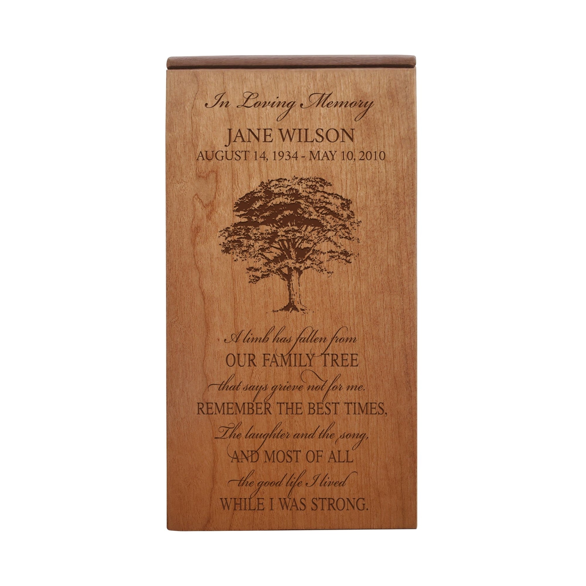 Custom Engraved Memorial Cremation Keepsake Urn Box Holds 100 Cu Inches Of Human Ashes A Limb Has Fallen - LifeSong Milestones