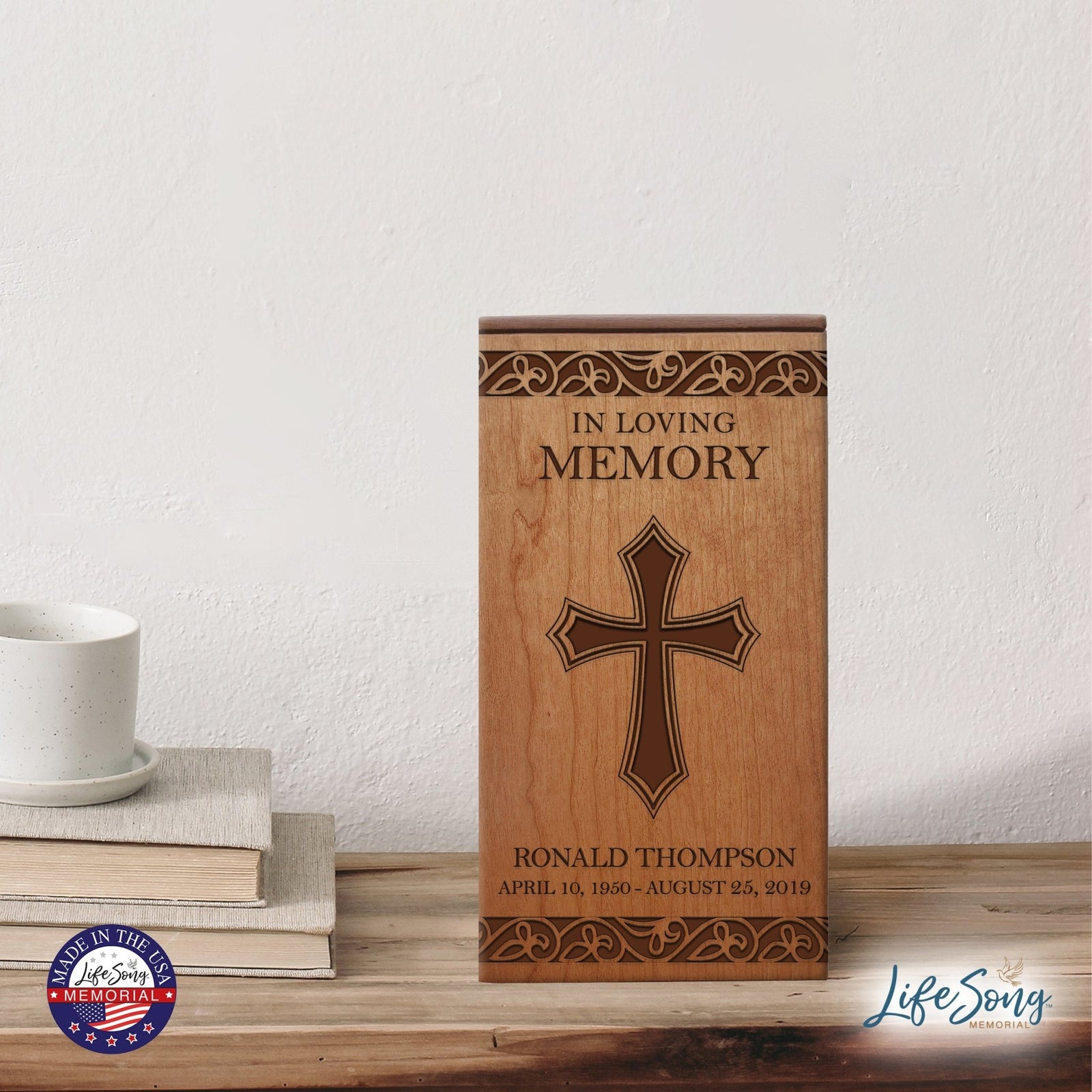 Elegant Wooden Cremation Urn with Engraved Cross 