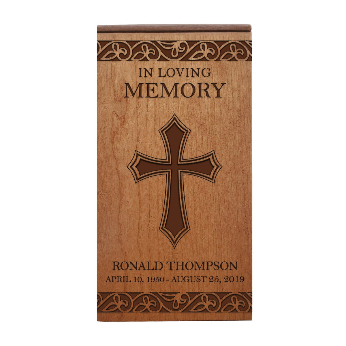 Classic Wooden Cremation Urn with Detailed Cross 