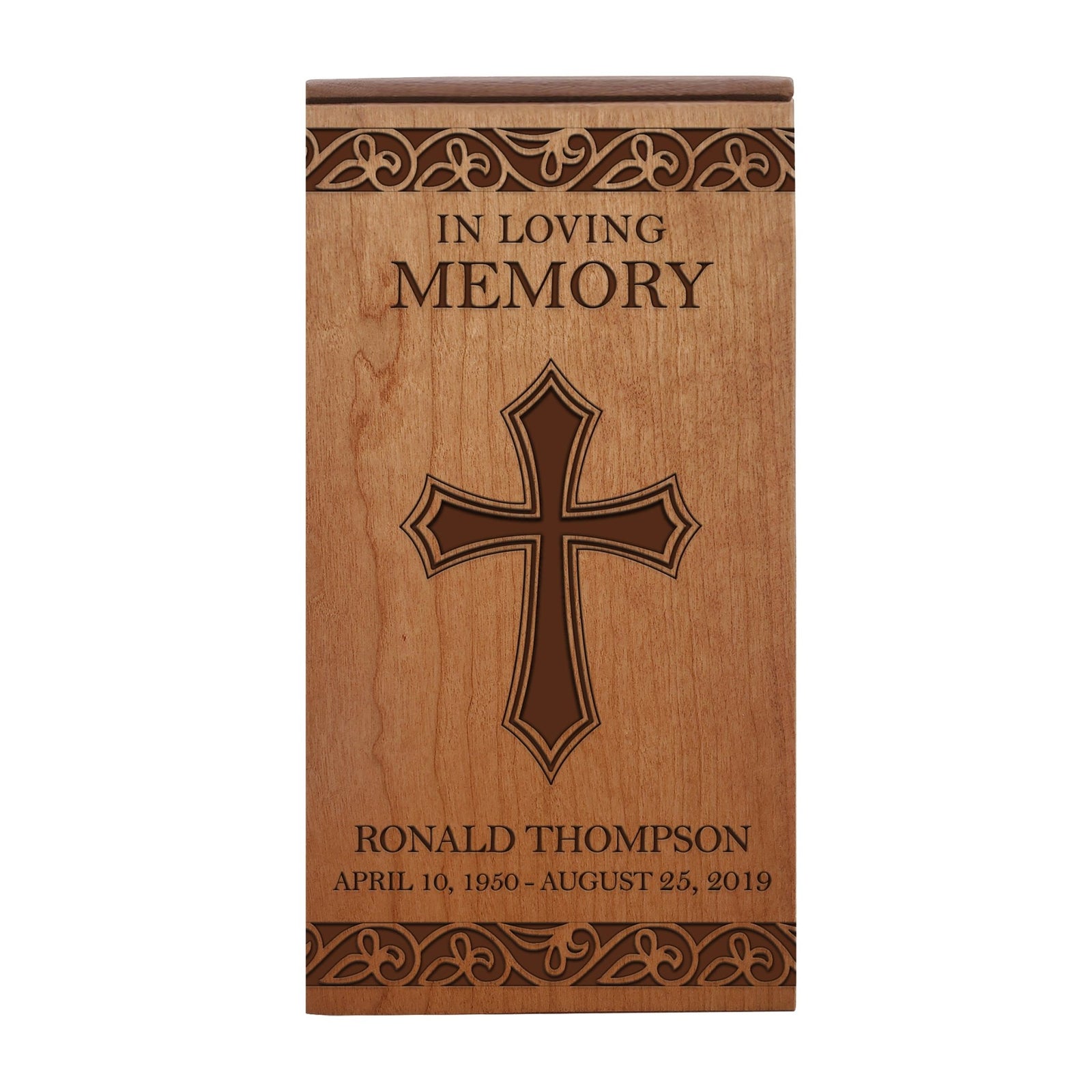 Classic Wooden Cremation Urn with Detailed Cross 