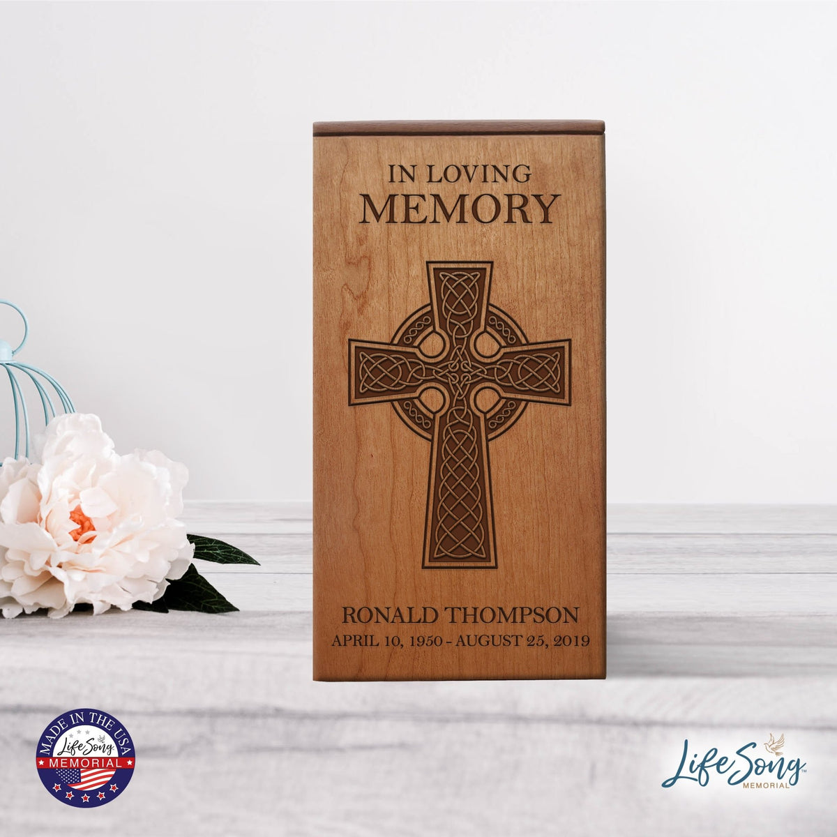 Timeless Wooden Urn with Beautifully Engraved Cross