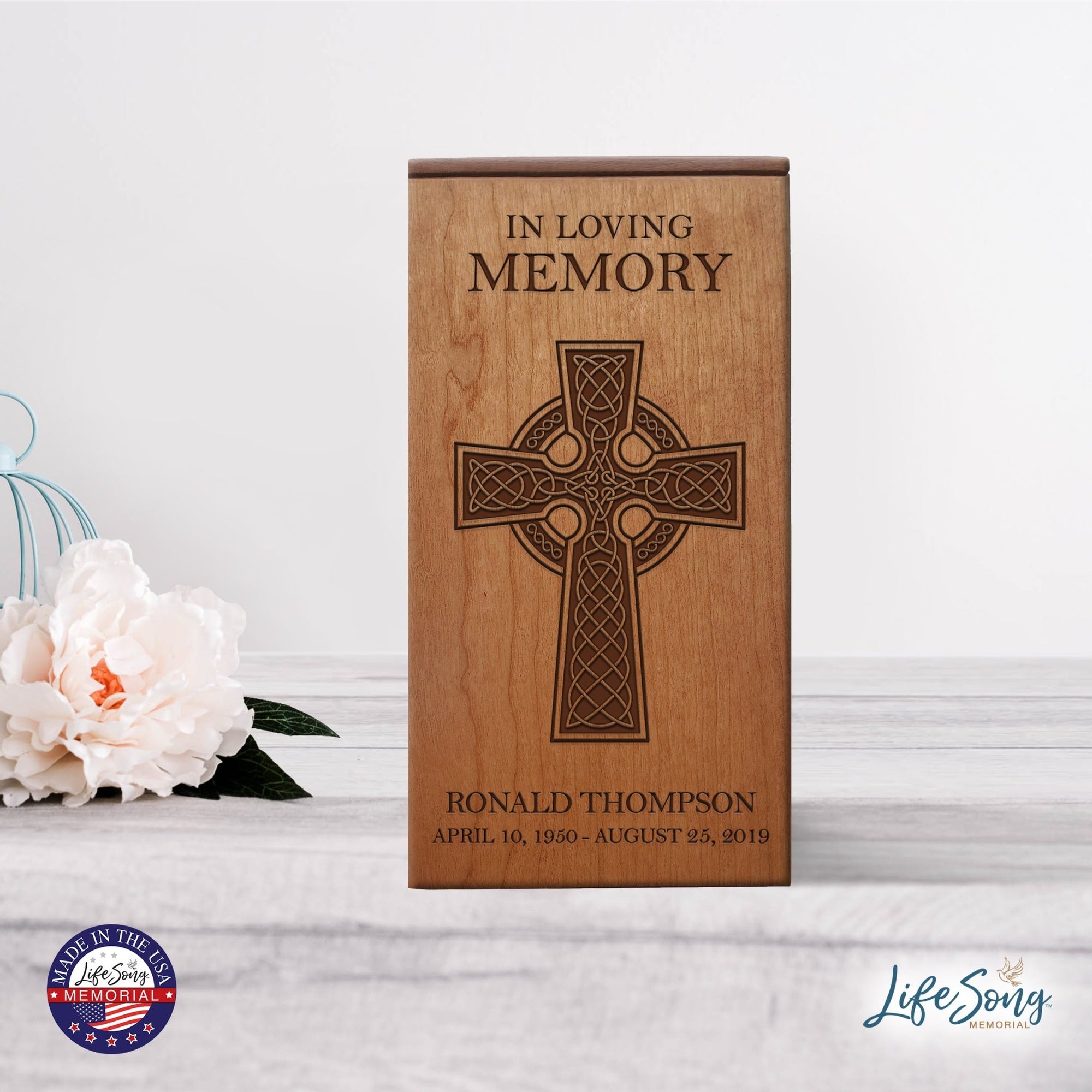 Timeless Wooden Urn with Beautifully Engraved Cross