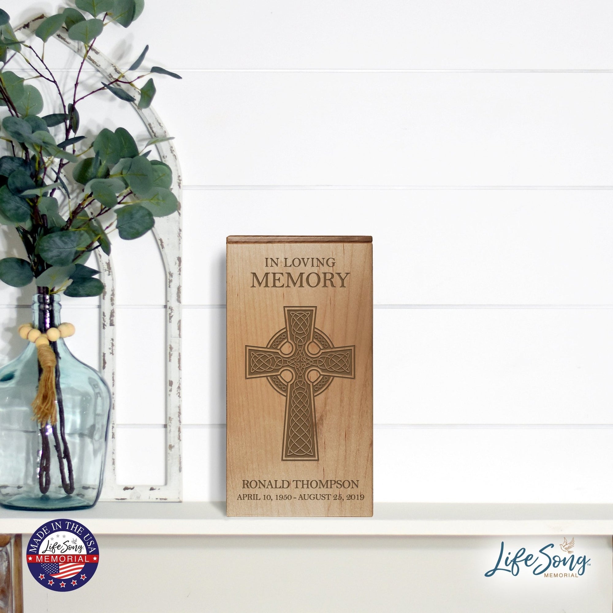 Timeless Wooden Urn with Beautifully Engraved Cross